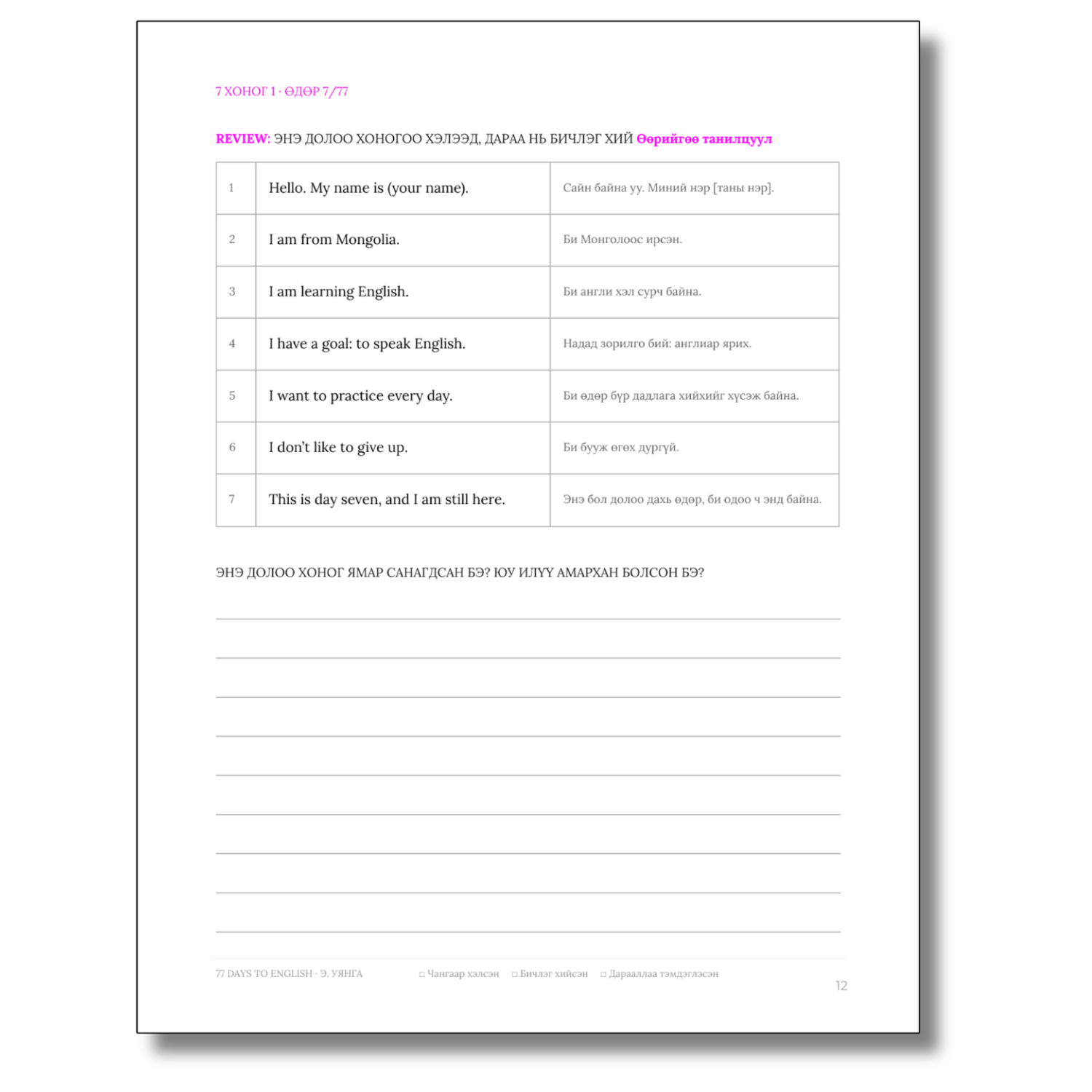 Inside sample, Day 7 weekly review: an introduce-yourself recap with reflection lines