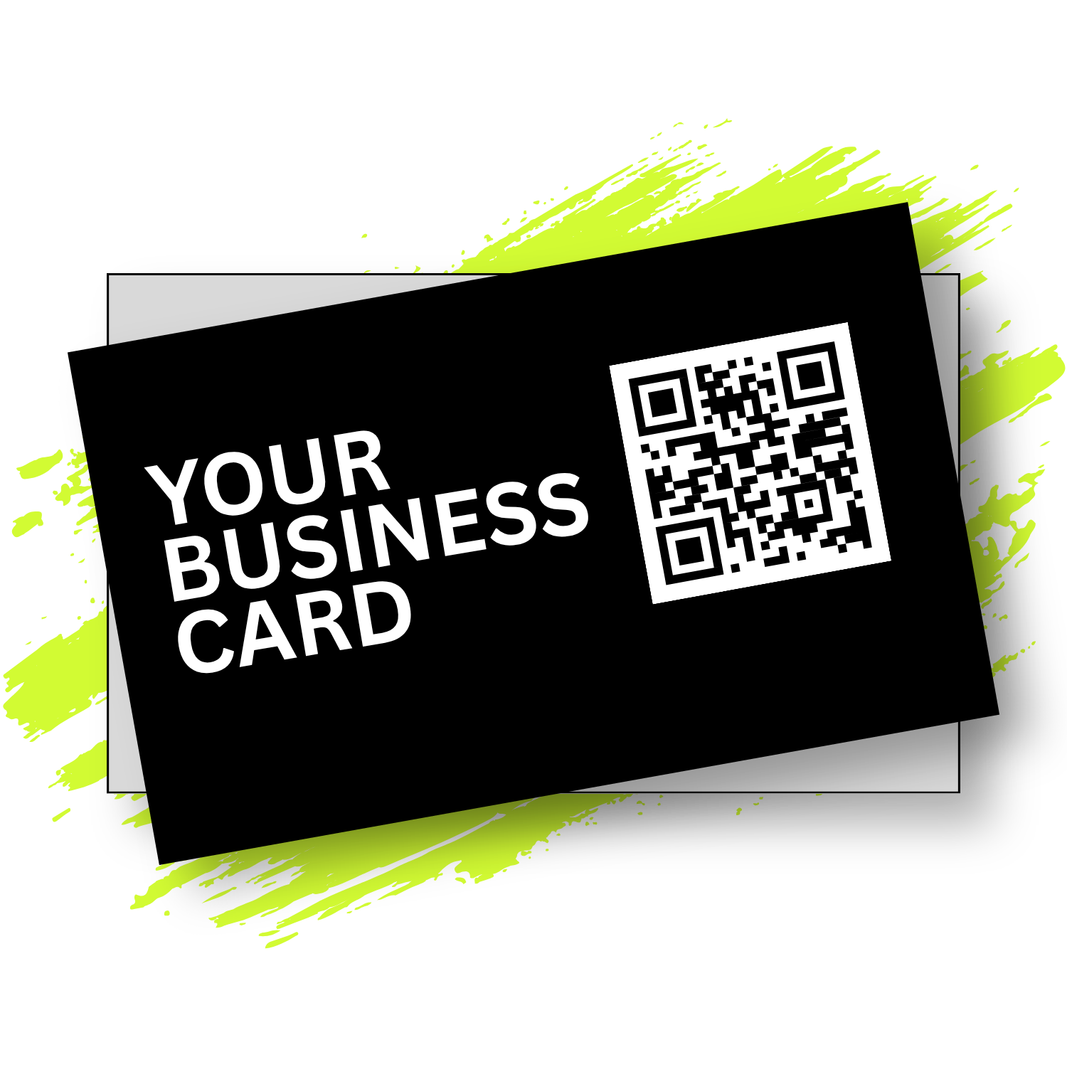 Black business card mockup featuring a QR code