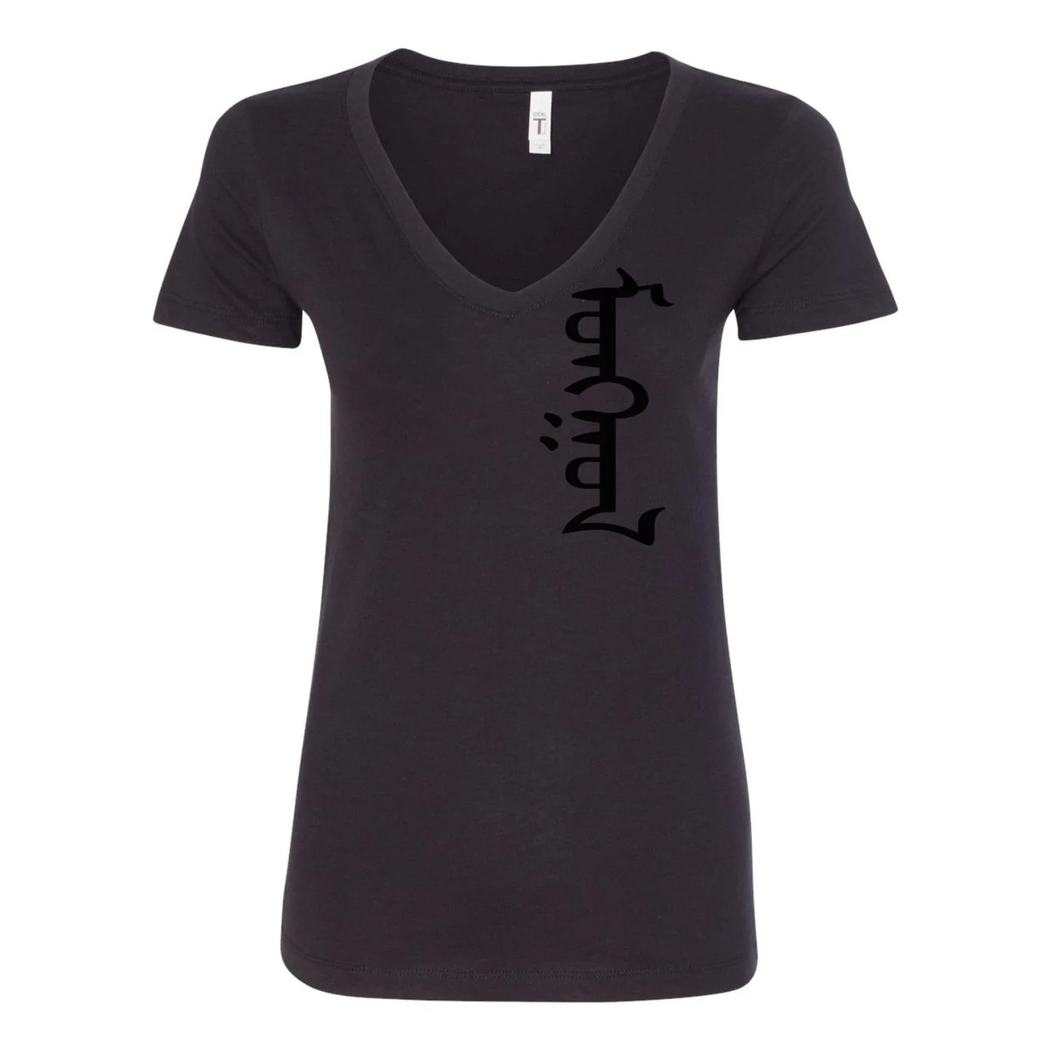 Women's black V-neck t-shirt with Mongolian script Mongol printed vertically on left chest, black design