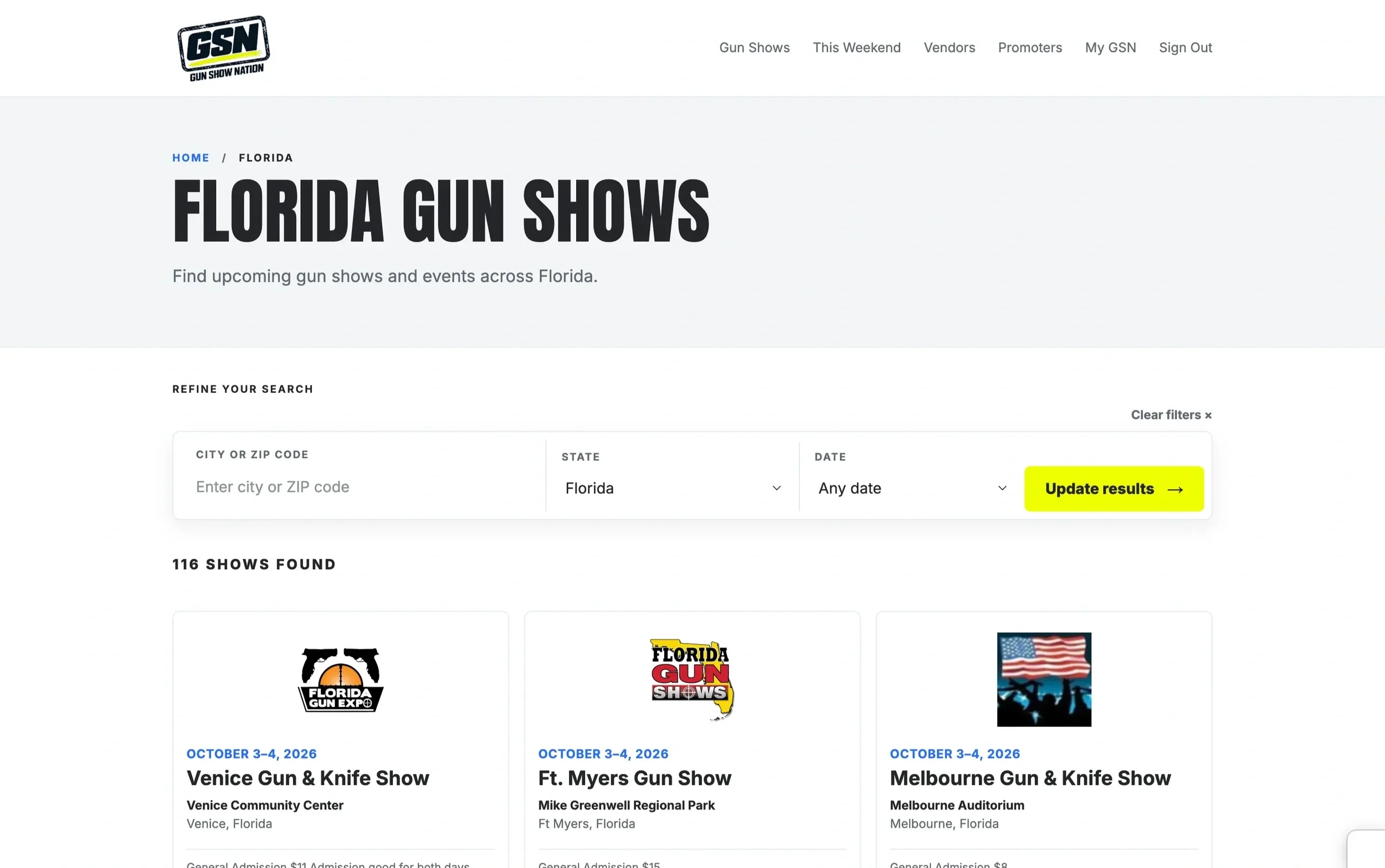 Gun Show Nation website showing upcoming Florida gun shows with location and date search filters