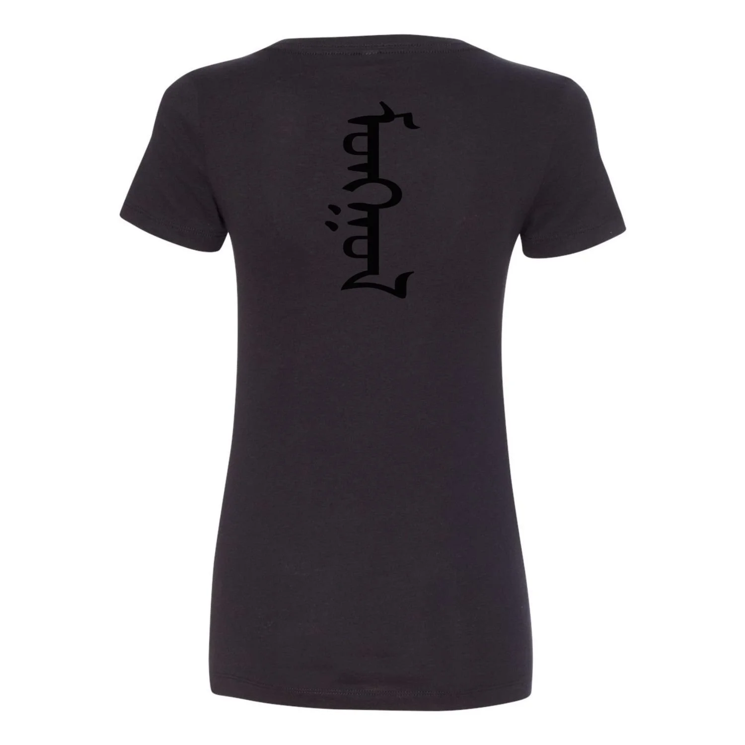 Women's black V-neck t-shirt with large Mongolian script Mongol printed vertically on back, black design