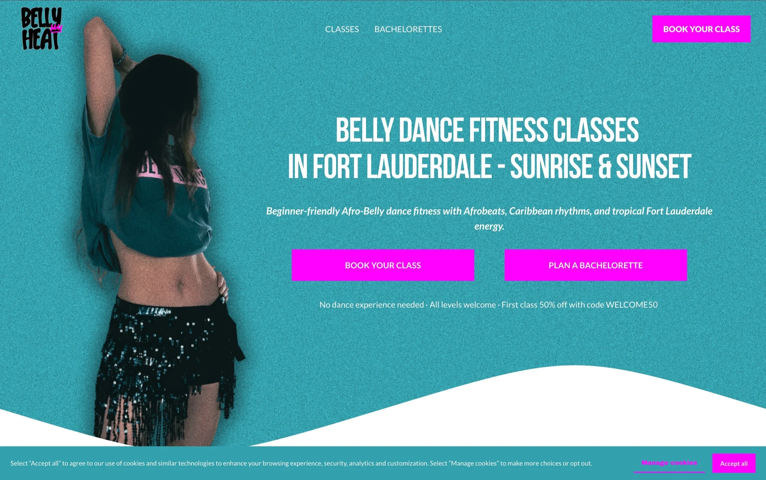 Belly Heat belly dance fitness website homepage with turquoise branding and class booking buttons