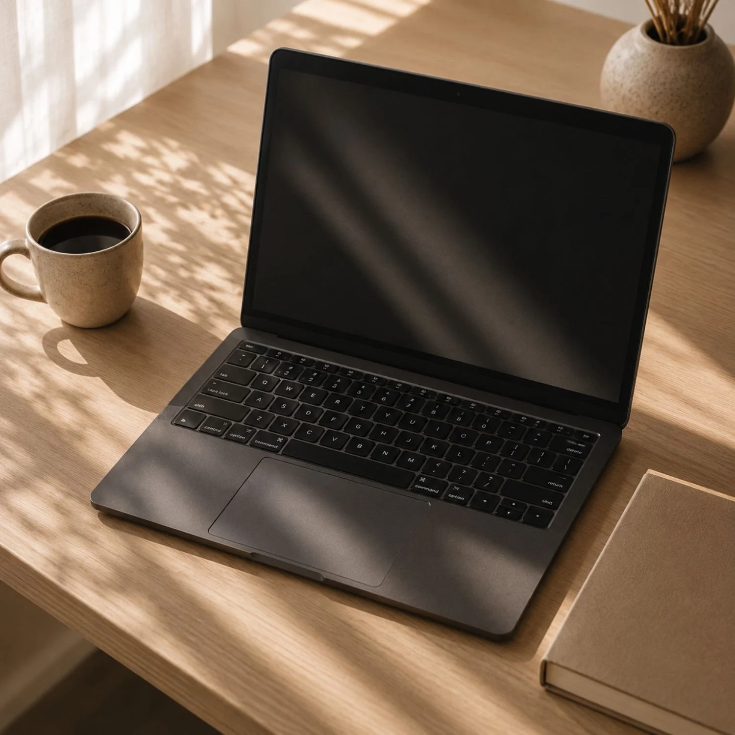 Open laptop with blank dark screen on a wood desk beside a cup of coffee, representing choosing a website platform