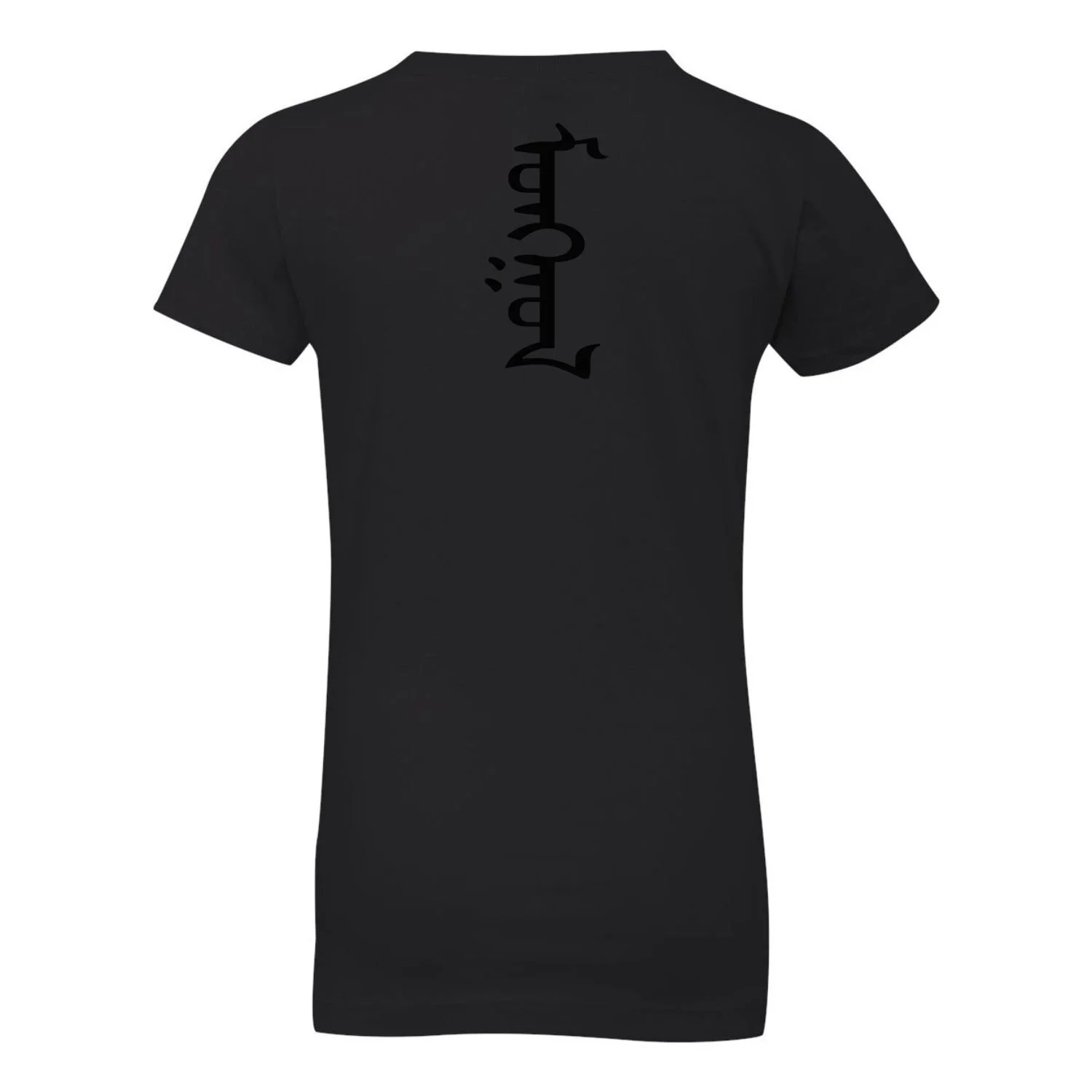 Girls black t-shirt with large Mongolian script Mongol printed vertically on back, black design