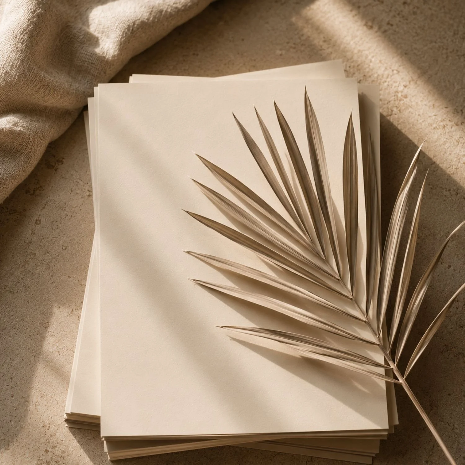 Stack of cream cardstock with a fried palm leaf laid across it, representing signs it's time to rebrand