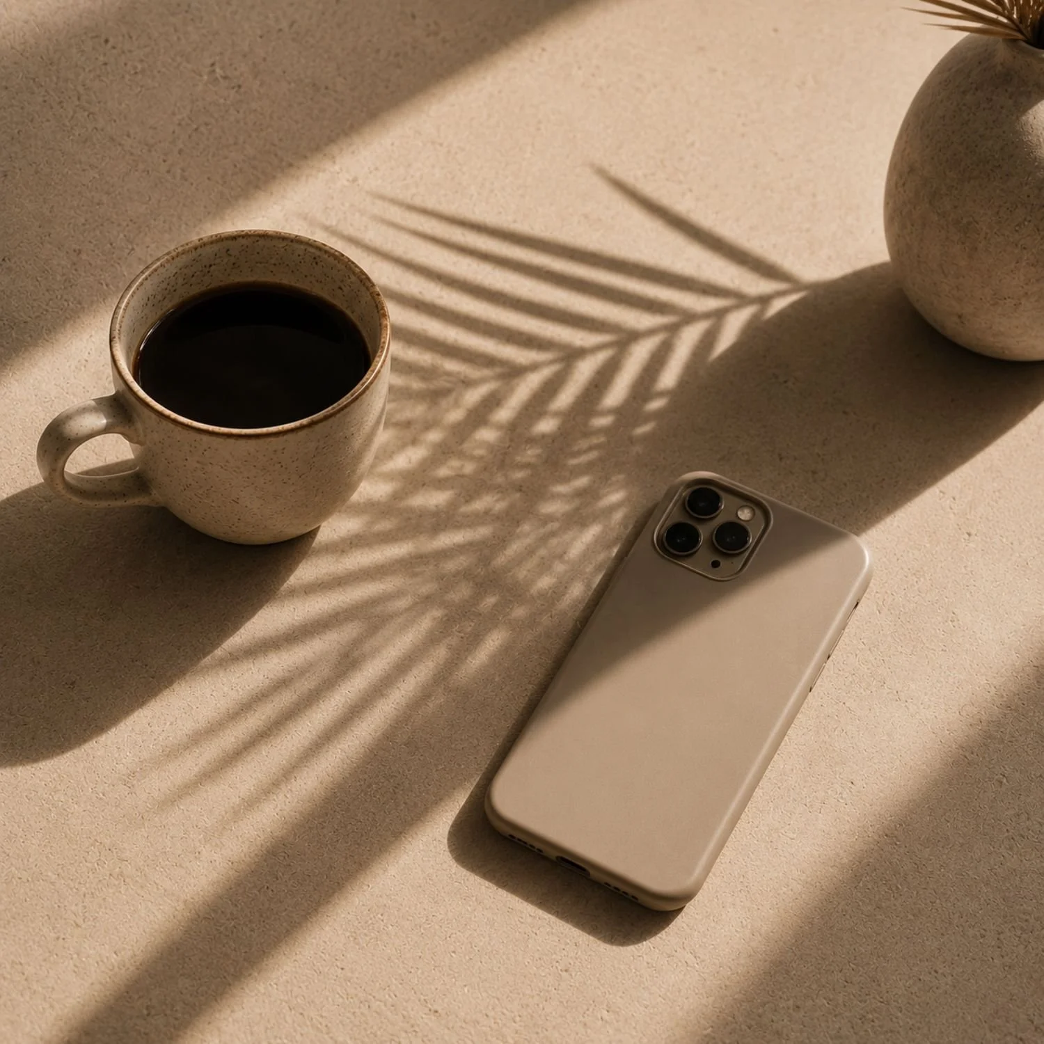 Smartphone lying face-down beside a cup of coffee with palm leaf shadows, representing social media posting versus business growth