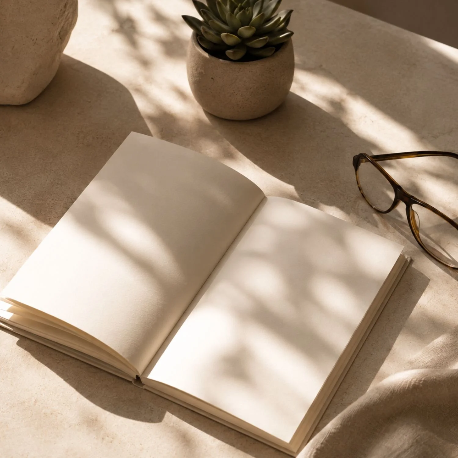Open notebook with blank pages next to reading glasses and a small succulent, representing brand voice and tone