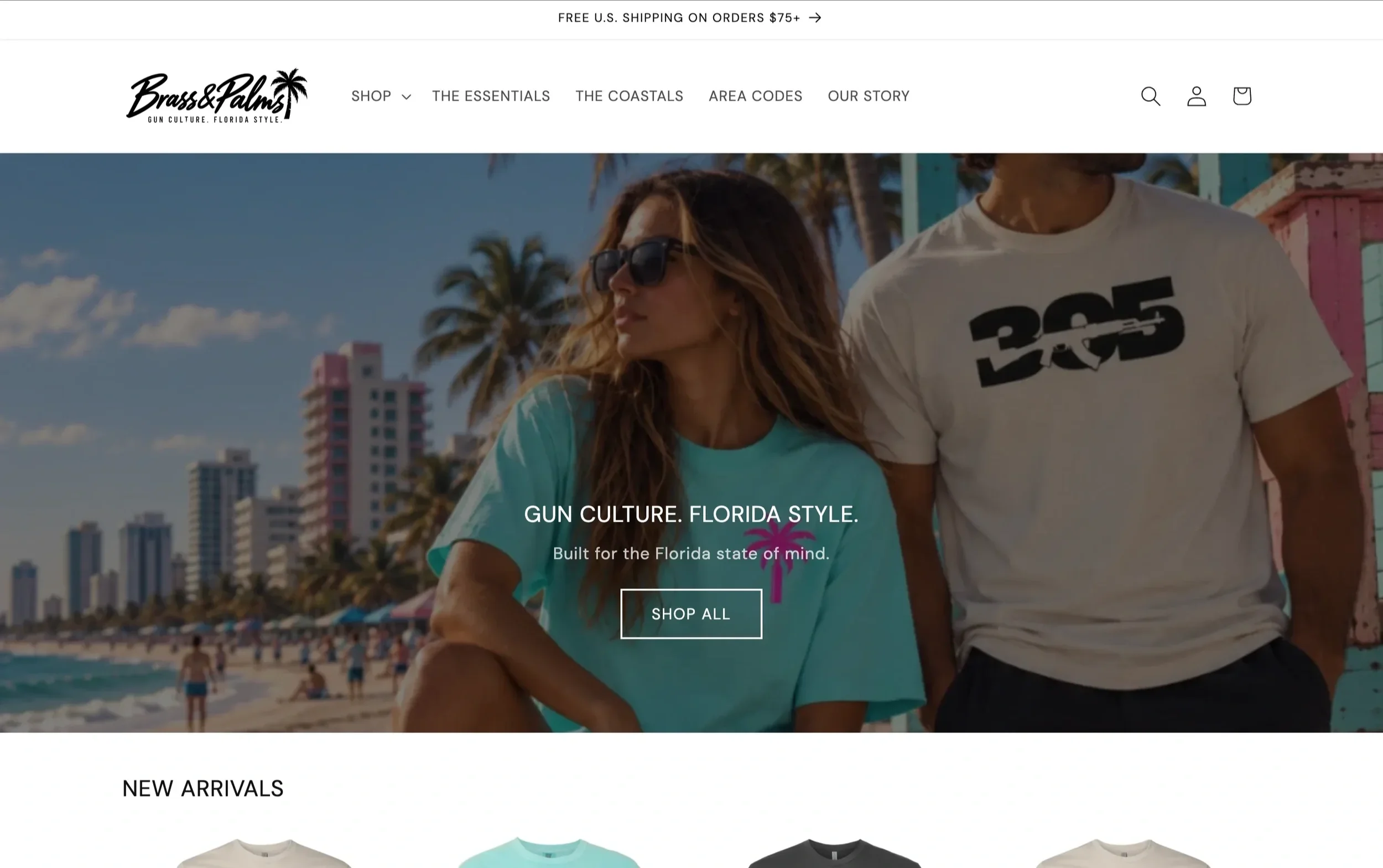 Brass & Palms apparel website homepage featuring Florida lifestyle clothing and coastal branding
