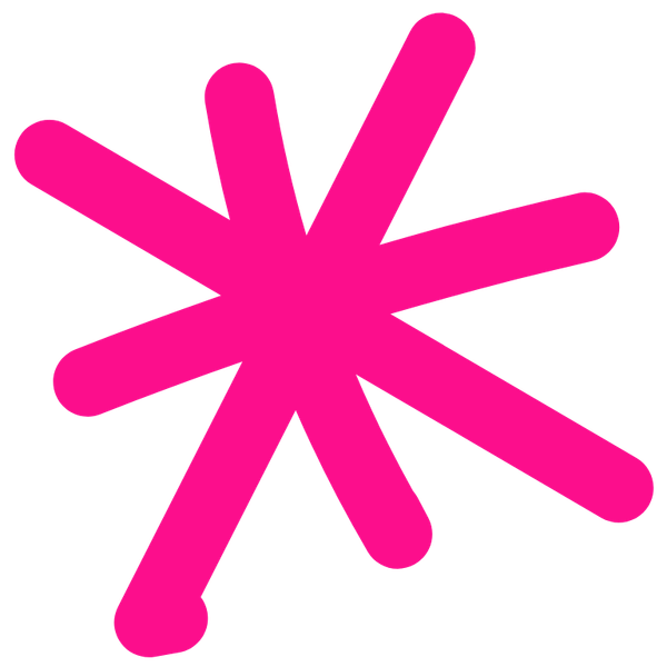 Bright pink abstract starburst shape with rounded edges on a black background.