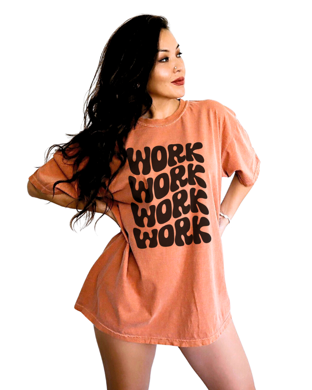 Melodee Cool, small business marketing consultant, wearing a Work Work Work Work shirt