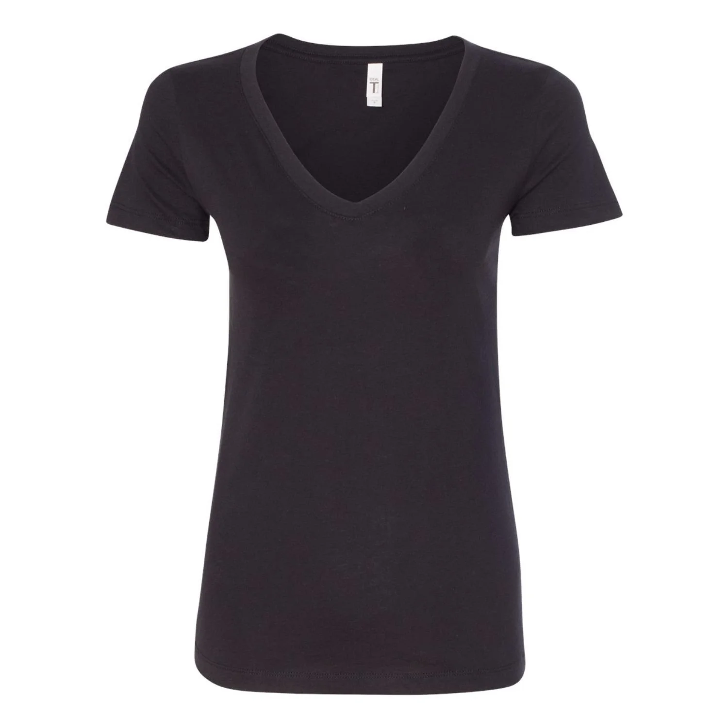 Plain front of women's black V-neck t-shirt, Mongolian heritage back-print tee