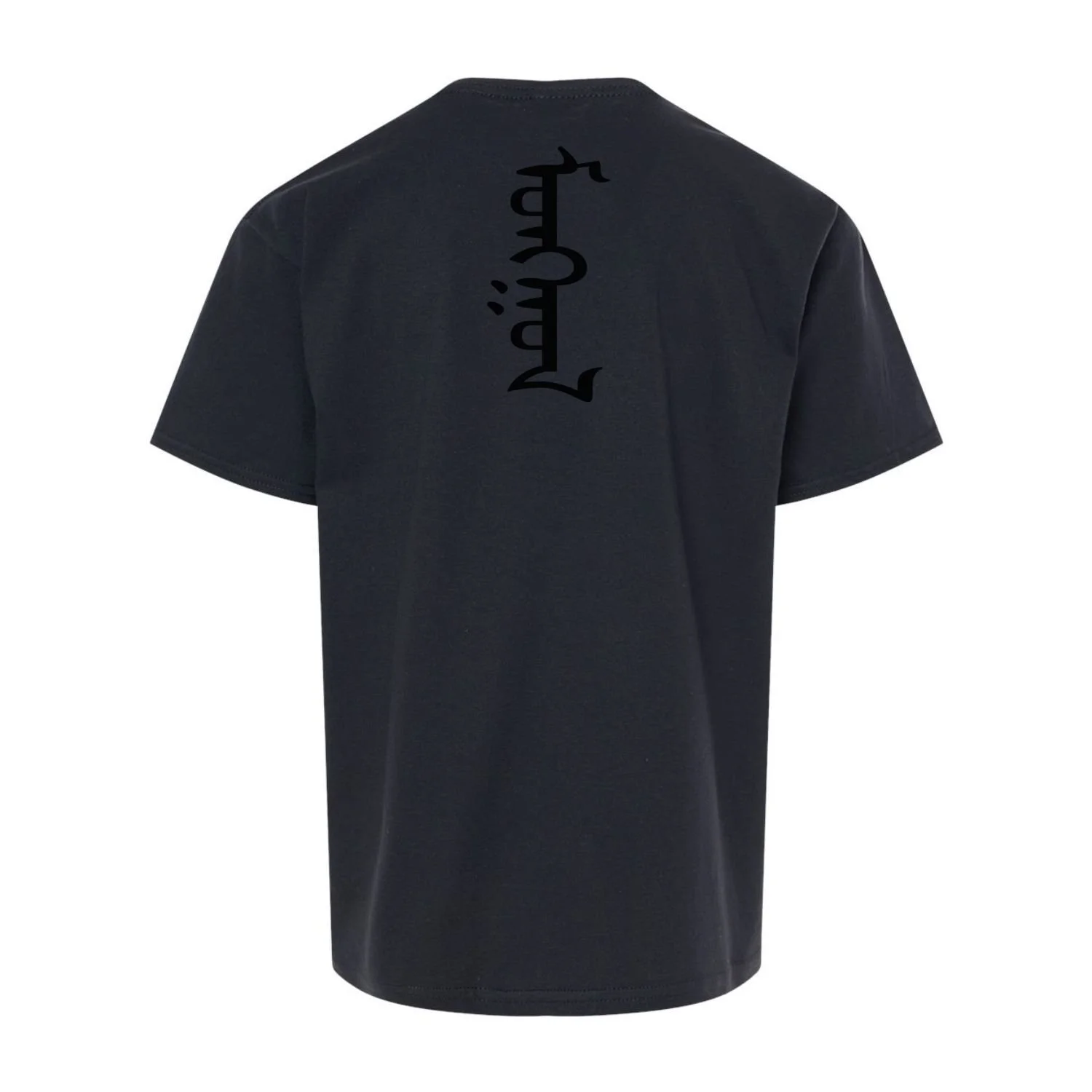 Youth black t-shirt with large Mongolian script Mongol printed vertically on back, black design