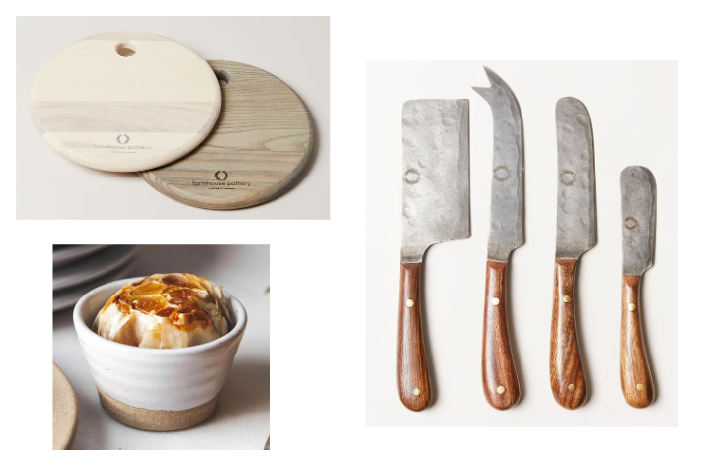 Cheese Board, Handforged Knives, and Petite Silo Bowl, from Farmhouse Pottery