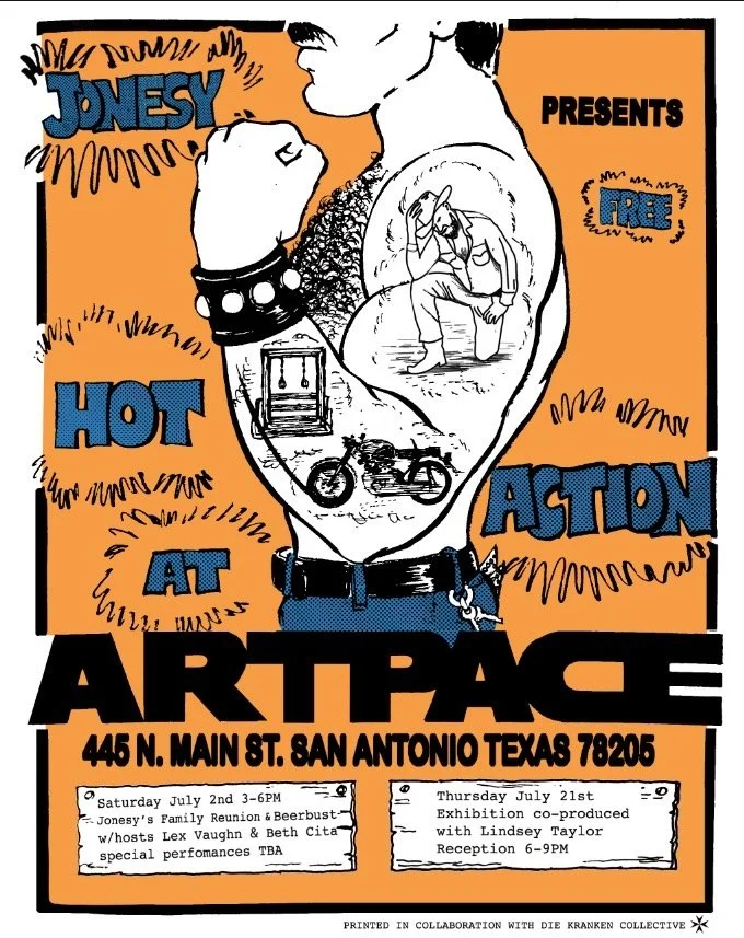 Jonesy Presents Hot Action At Artpace, Silkscreen Exhibition Poster, 2022.