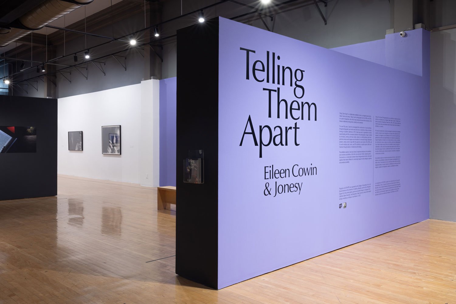 An art gallery featuring a large purple and black wall with the title 'Telling Them Apart' by Eileen Cowin & Jonesy, displaying artwork and texts.