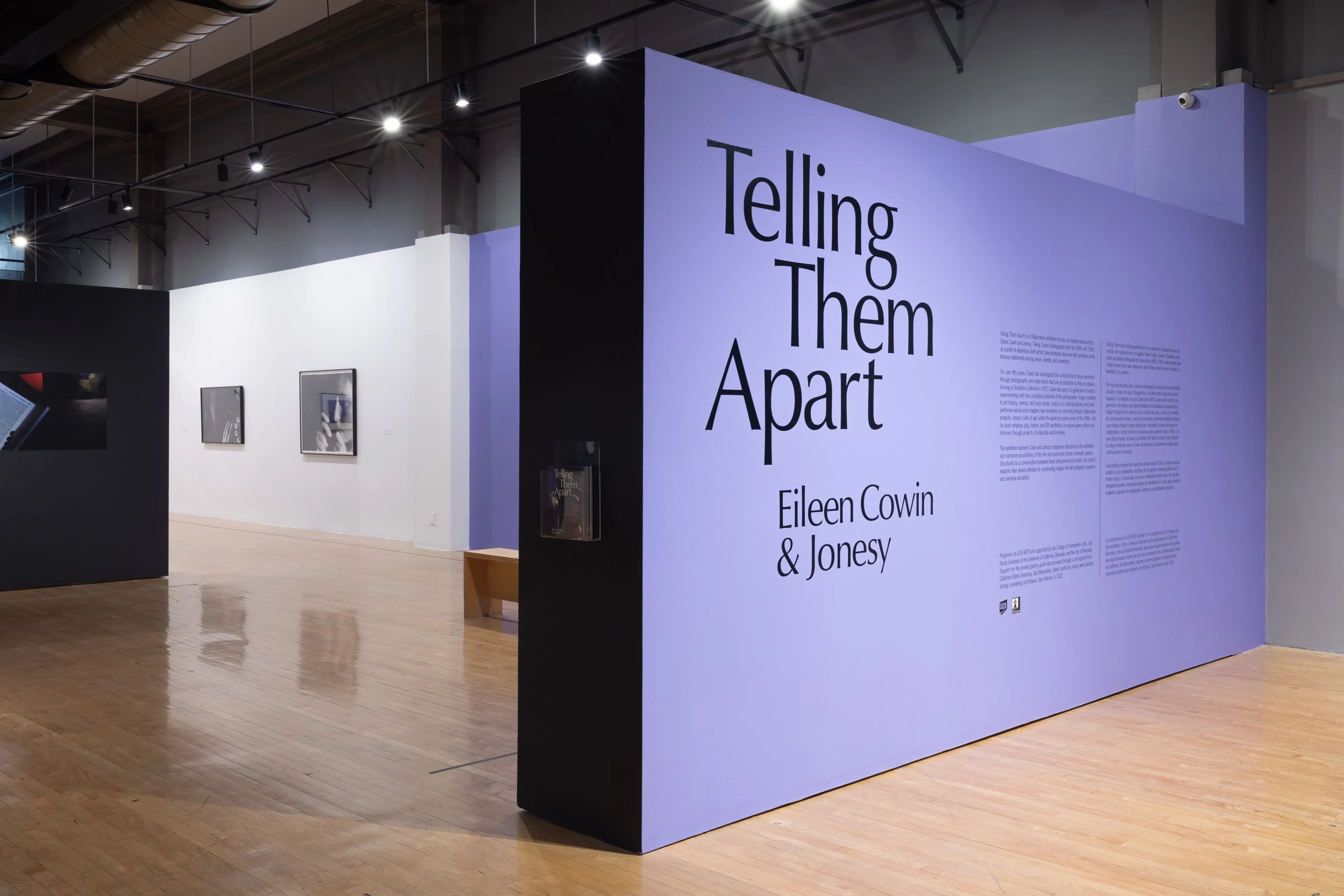 Exhibition space with a prominent purple wall displaying the title 'Telling Them Apart' by Eileen Cowin & Jonez. The space features spotlights on the ceiling, light wooden flooring, and framed photographs on a white wall in the background.
