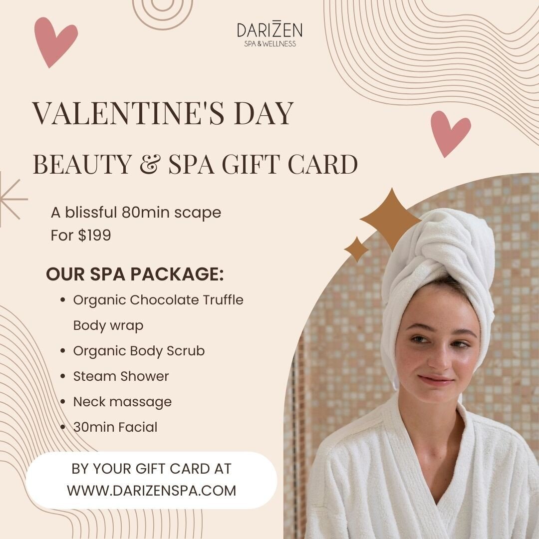 A thoughtful spa gift you can't find anywhere else ❤️

Slip into a cozy robe and chill with Darizen treatment. 

O U R 
80 M I N
S P A
P A C K A G E: 

Organic Chocolate Truffle Body wrap
Organic Body Scrub
Steam Shower
Neck massage
30min Facial

buy