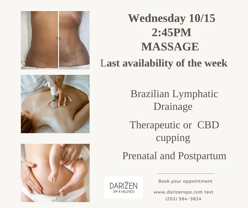 TOMORROW ONLY one extra availability with Val for therapeutic, prenatal, Brazilian lymphatic massage. 

Exiting patient ext suse (203) 984-9834
new patient book online www.darizenspa.com