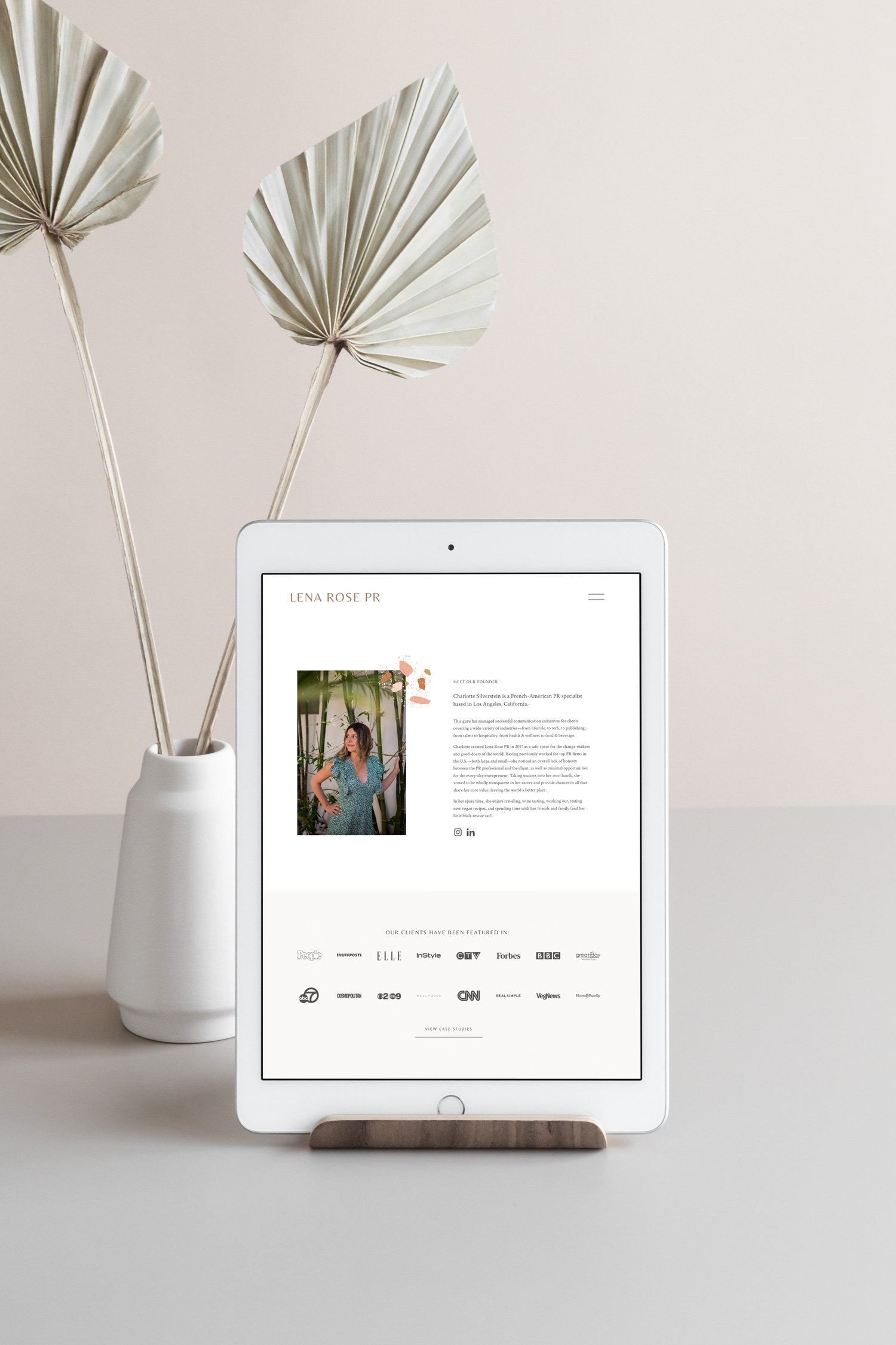 iPad mockup of the Lena Rose PR website design