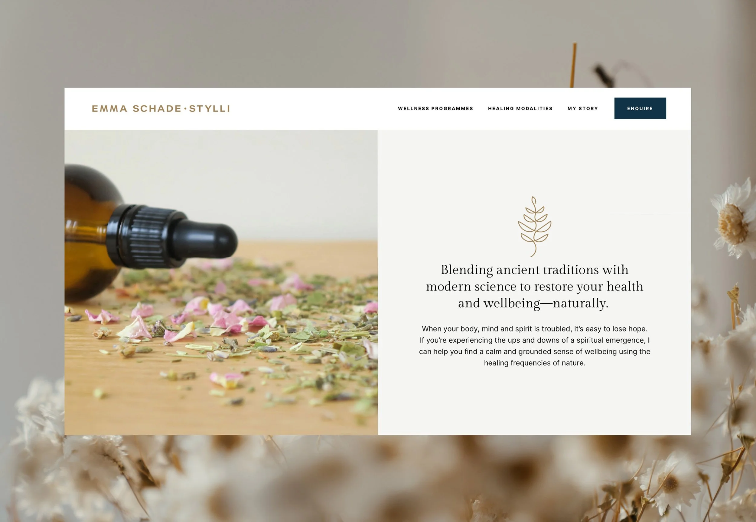 A website page for Emma Schade-Stylli featuring wellness, healing, and health services. The page includes navigation links and a descriptive paragraph about blending ancient traditions with modern science to restore health and wellbeing.