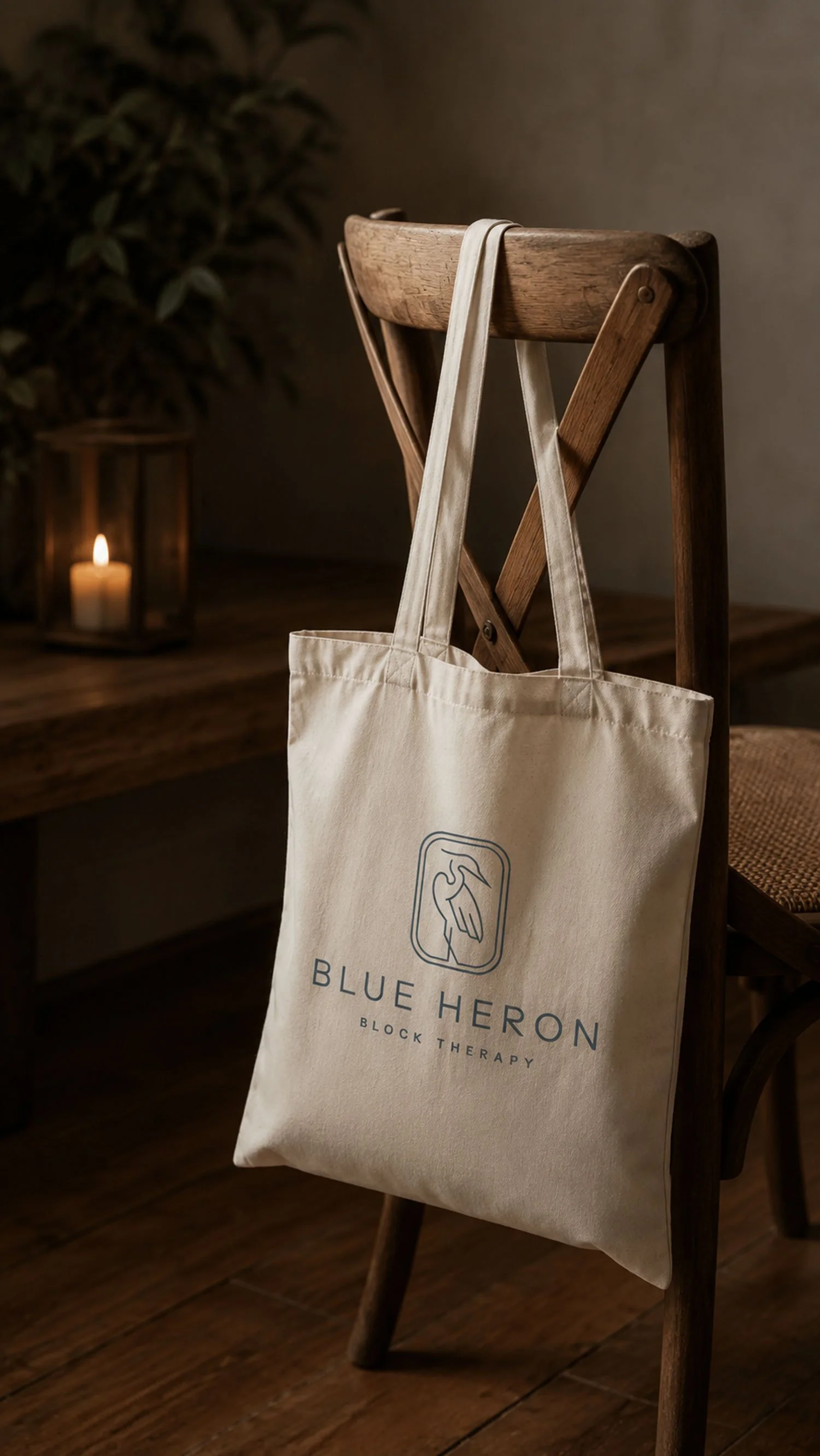 A white tote bag hanging on the back of a wooden chair with the logo and text 'Blue Heron Block Therapy'. A candle inside a glass lantern and some green plants are in the background on a wooden surface.