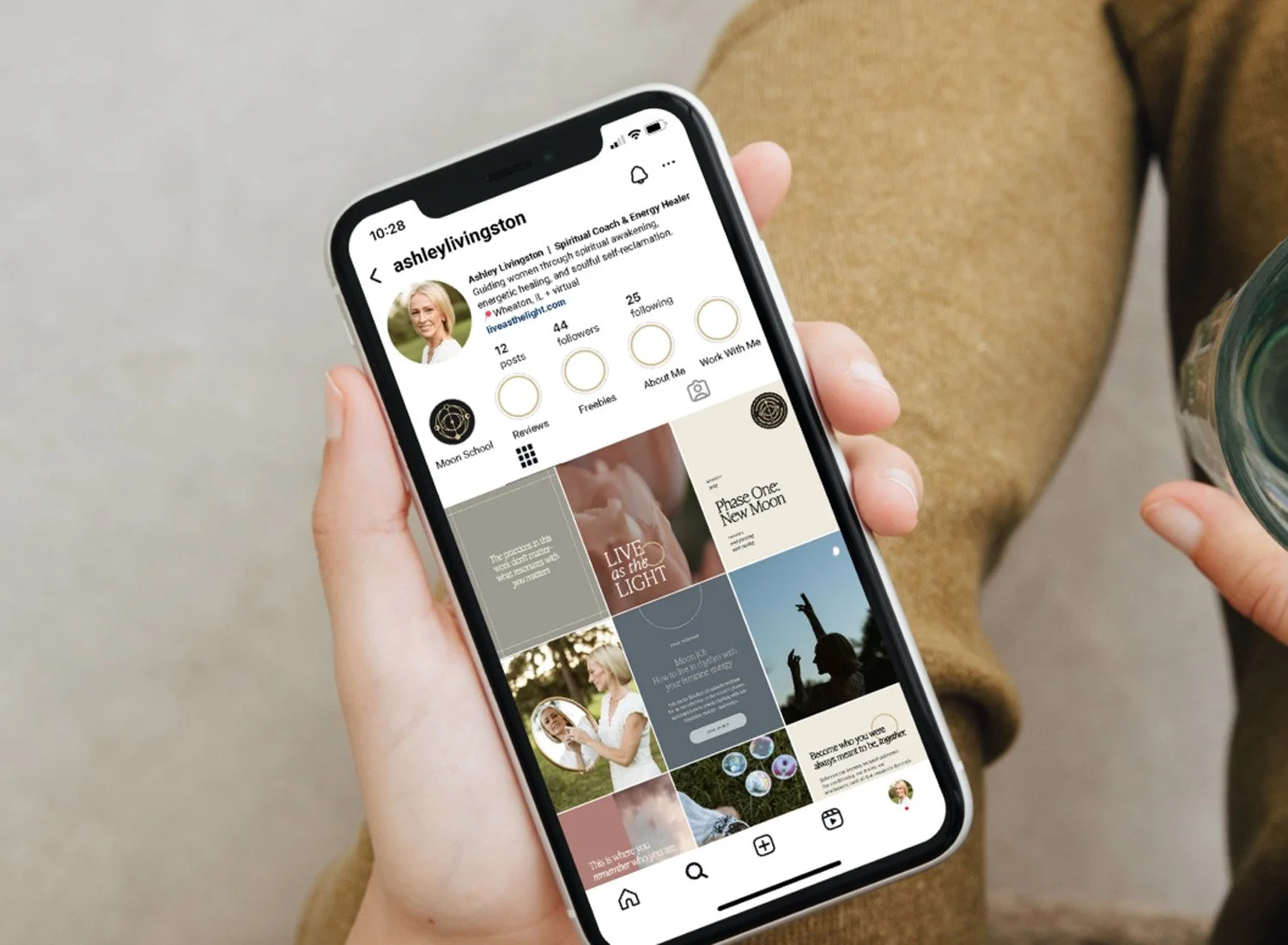 Ethereal Instagram template designs for Ashley Livingston, mocked up on an iPhone