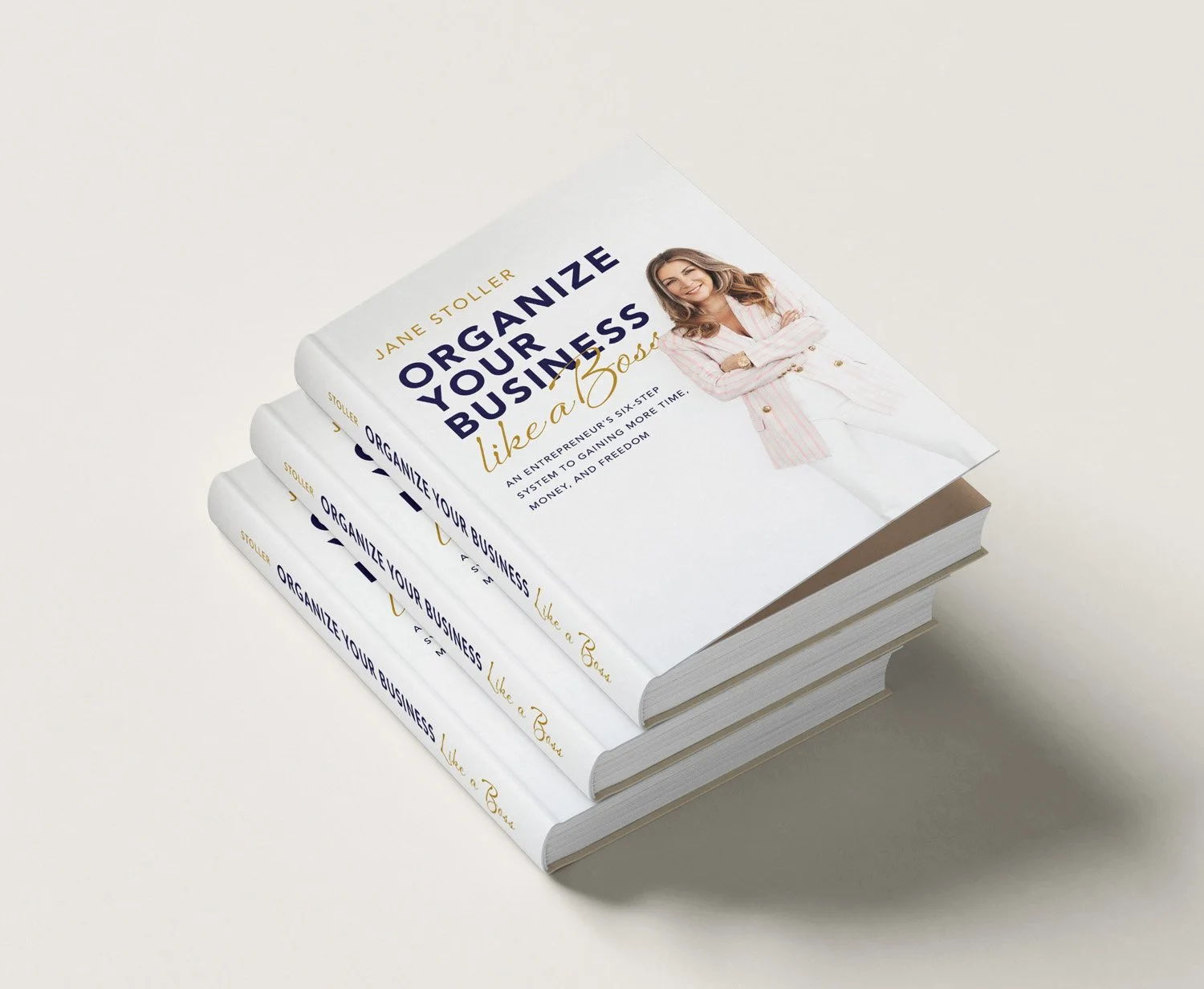 Organized Jane book cover design for Organize Your Business Like a Boss by Jane Stoller, stacked in a mockup, designed by Moonstone Creative