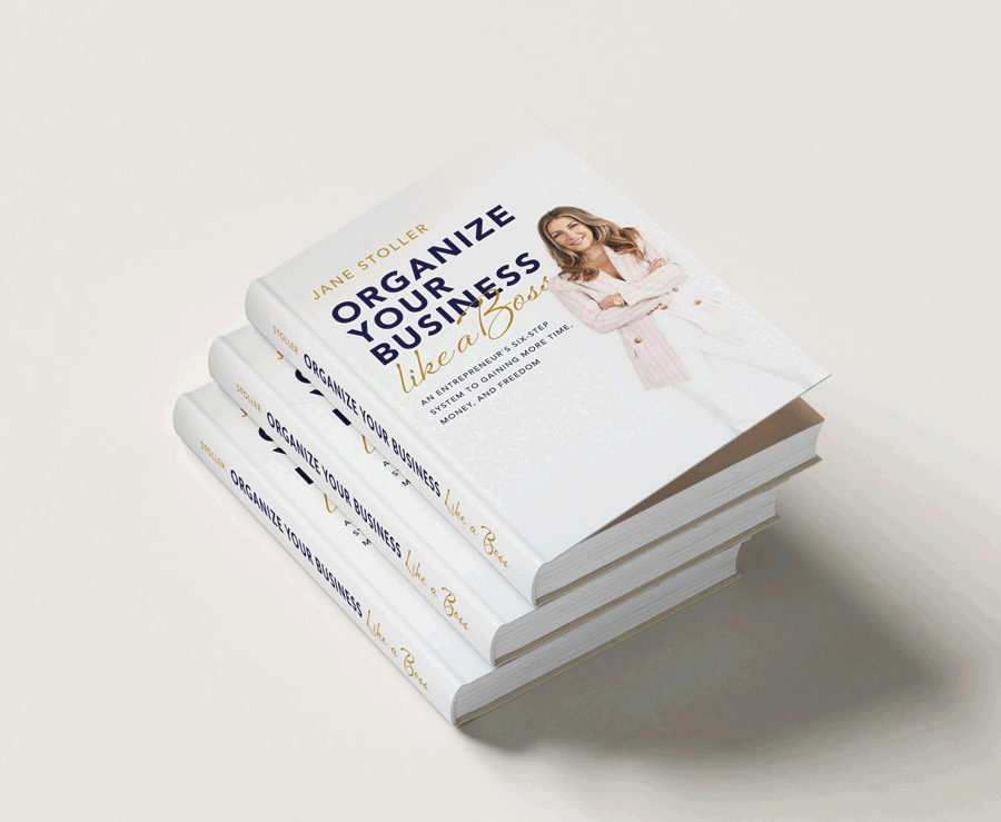 Stack of three copies of the book titled "Organize Your Business Like a Boss" by Jane Stoller with a woman smiling on the cover.