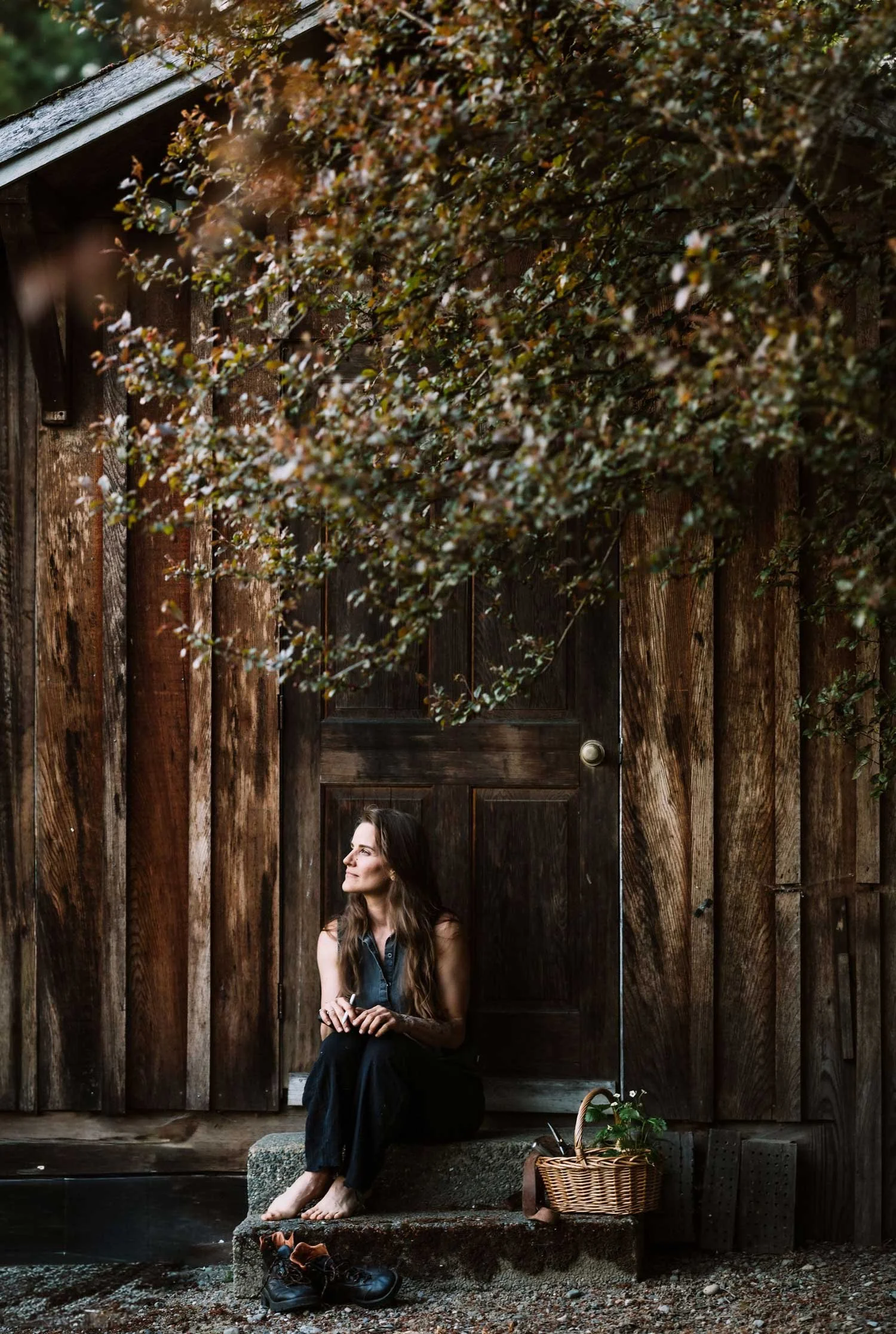 Plants Become Art founder seated barefoot on stone steps outside a weathered wood cabin in Cowichan Valley BC, surrounded by overhanging branches and a wicker basket