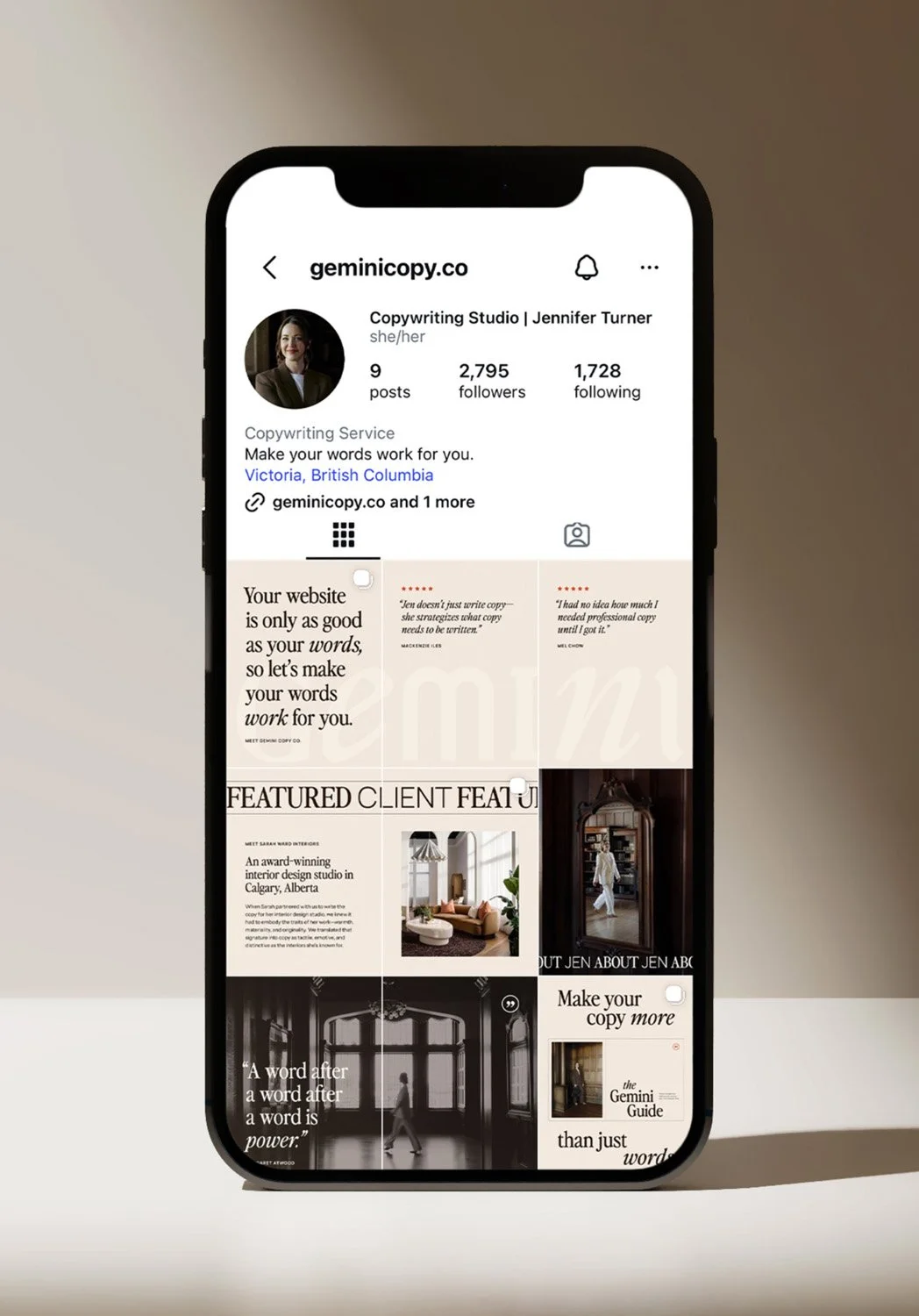 Gemini Copy Co Instagram grid showing the editorial brand system, typography, client work, and photography