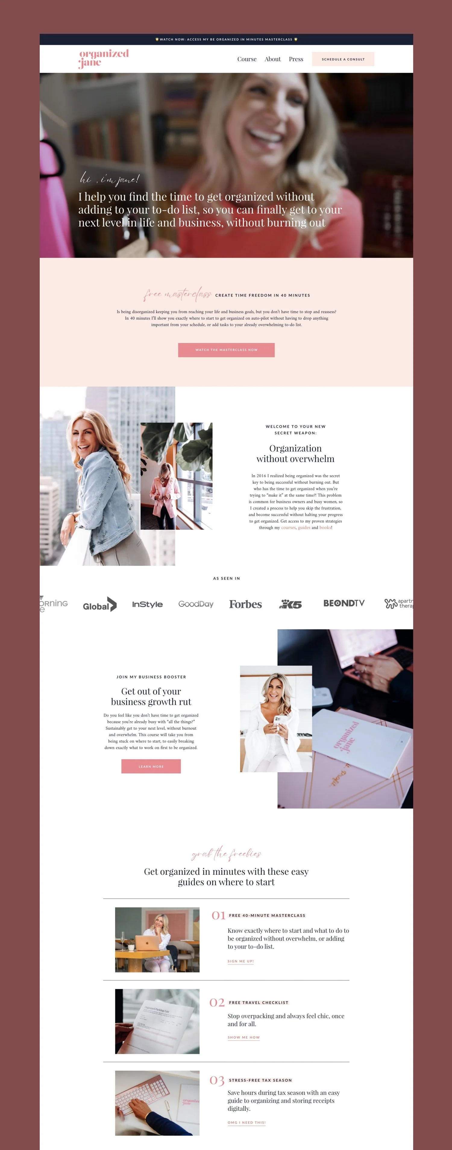 Full page mockup of the Organized Jane website featuring blush, pink, and lifestyle photography