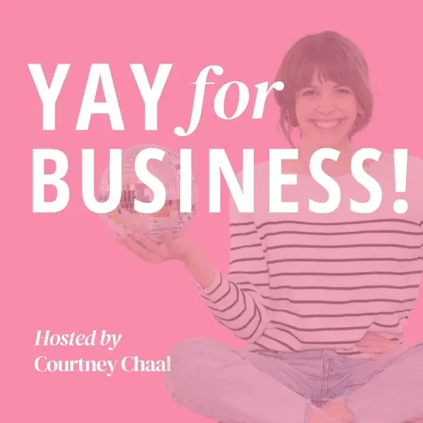 Courtney Chaal holding a disco ball on the Yay for Business podcast cover, featuring Miranda of Moonstone Creative on productizing a custom brand design service