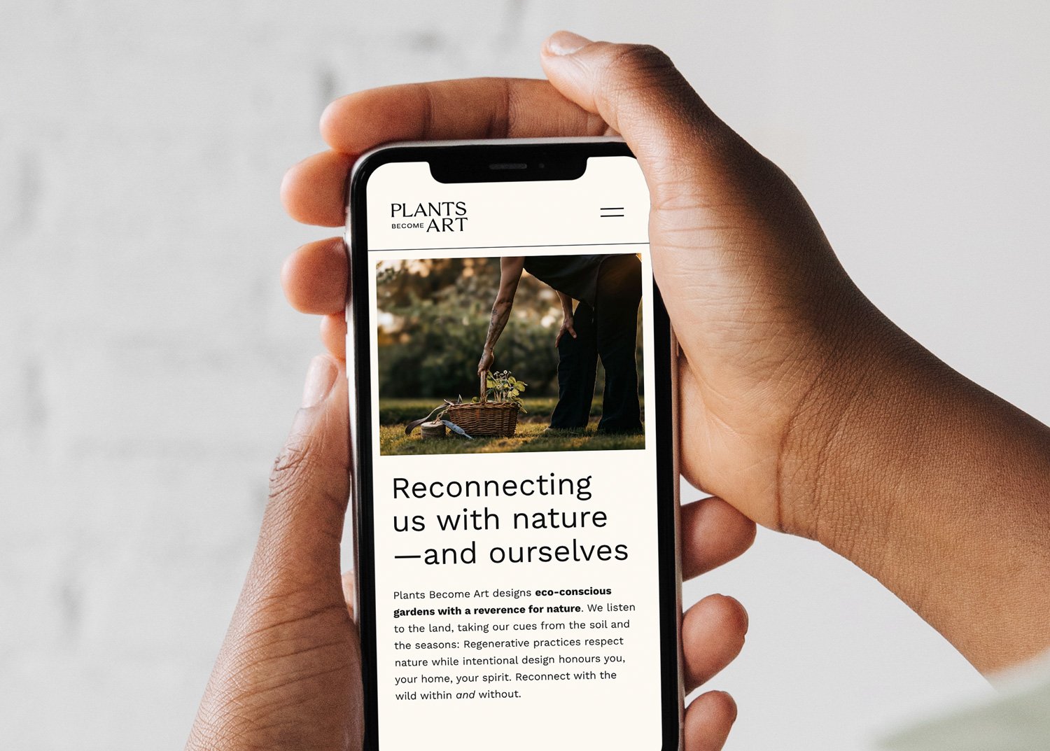 Plants Become Art mobile website mockup designed by Moonstone Creative showing the about page with the headline Reconnecting us with nature and ourselves