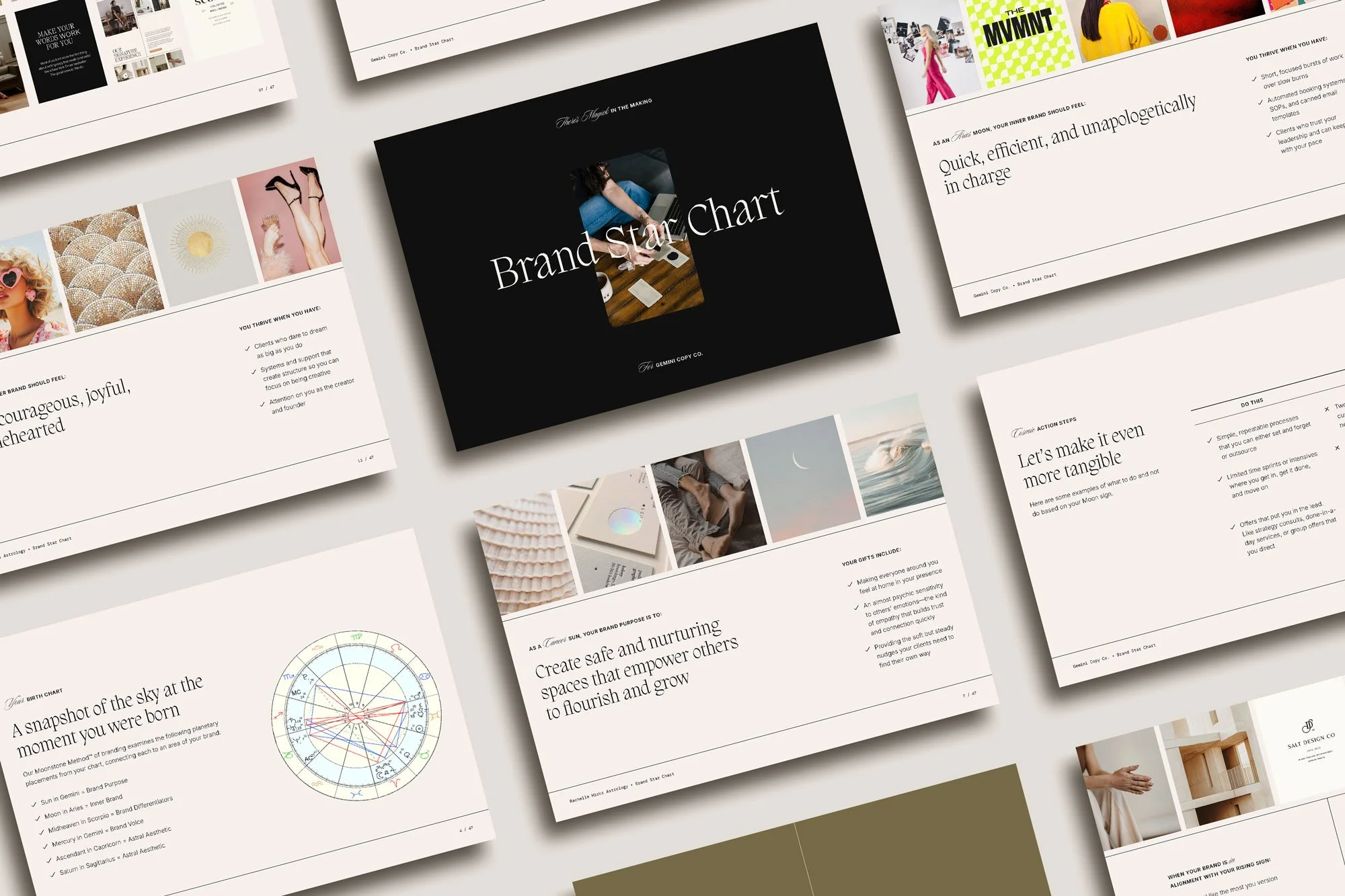 Moonstone Creative Brand Star Chart spread showing multiple pages including natal chart wheel, mood board, brand purpose statements and astrologically informed personal branding insights