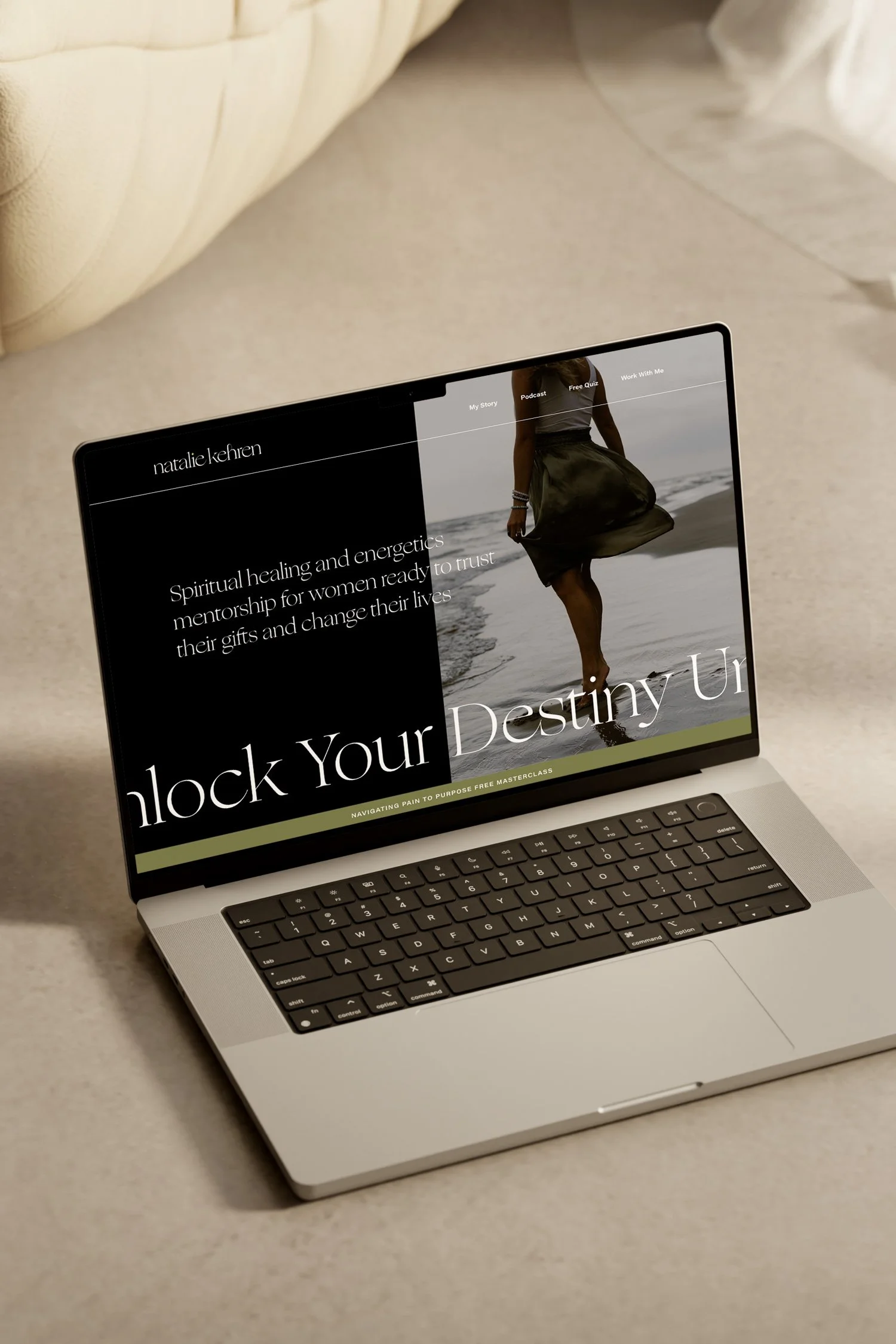 Natalie Kehren spiritual healing website design displayed on a MacBook, created by Moonstone Creative brand designer Miranda