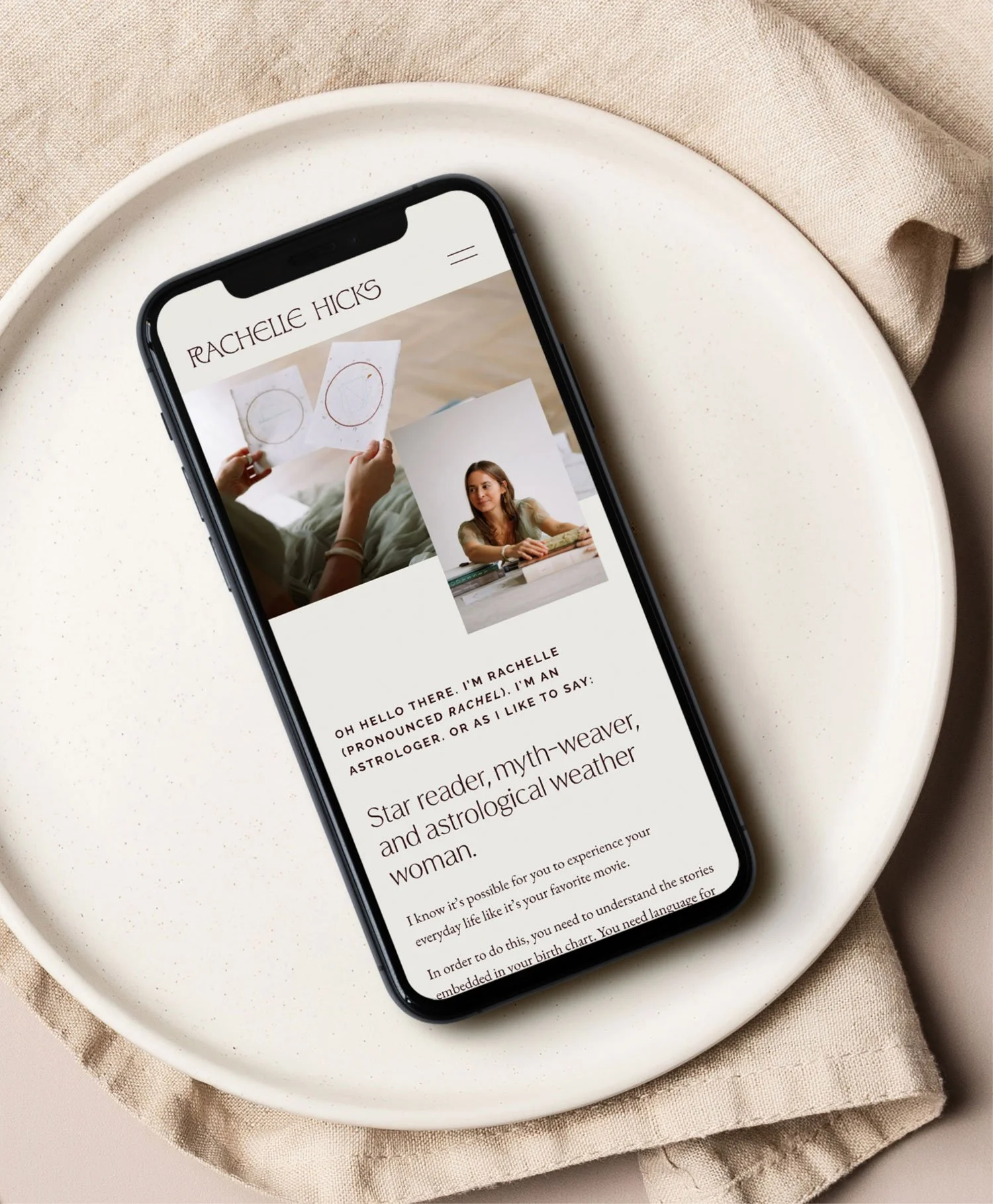 Rachelle Hicks Astrology mobile website mockup on a ceramic plate designed by Moonstone Creative showing the about page with warm neutral tones