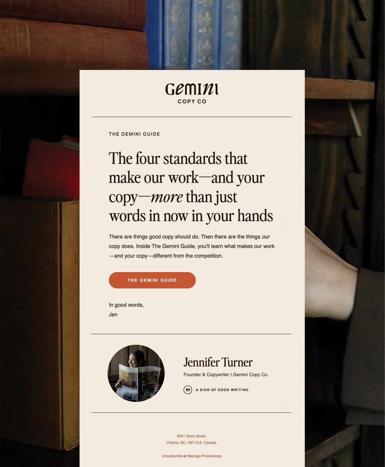 Gemini Copy Co branded email template with editorial typography, warm neutrals, and custom photography