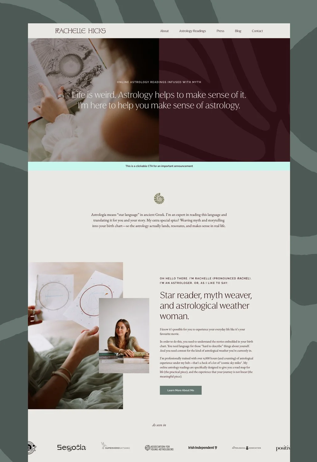 Moonstone Creative branding and web design project for Rachelle Hicks Astrology showing homepage design with burgundy and mint colour palette