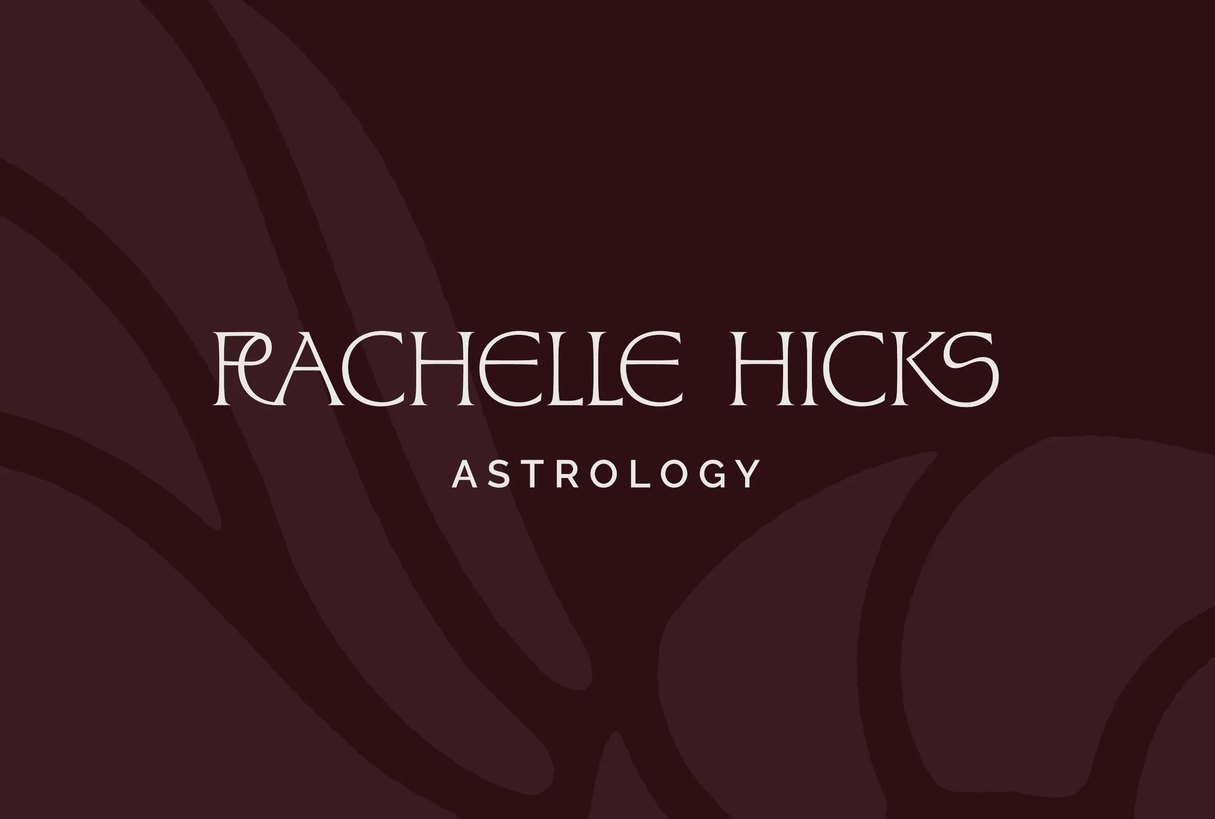 Rachelle Hicks Astrology primary logo in cream on deep burgundy with organic nautilus shell pattern background designed by Moonstone Creative