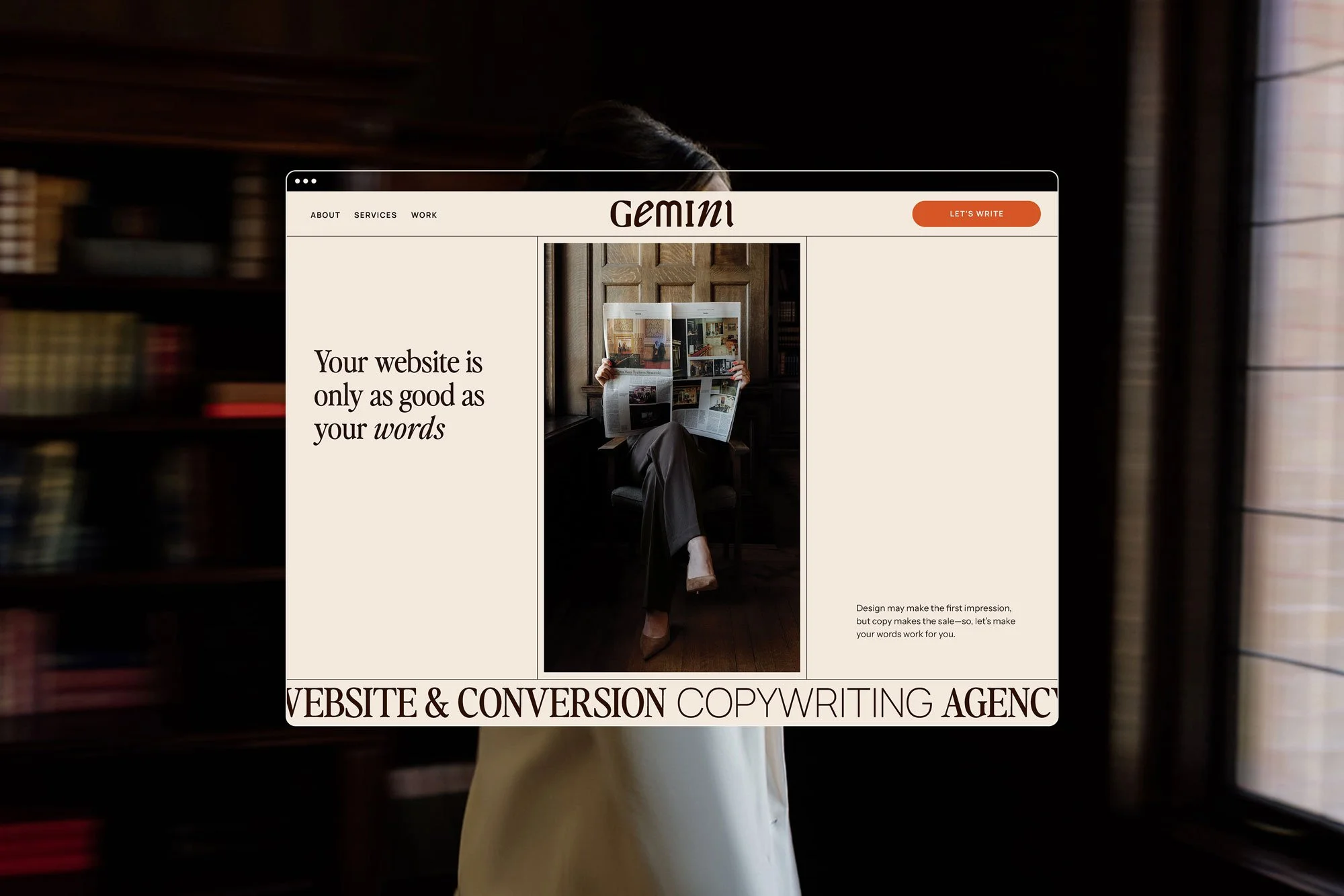 Gemini Copy Co website homepage mockup featuring editorial typography, warm neutrals, and brand photography