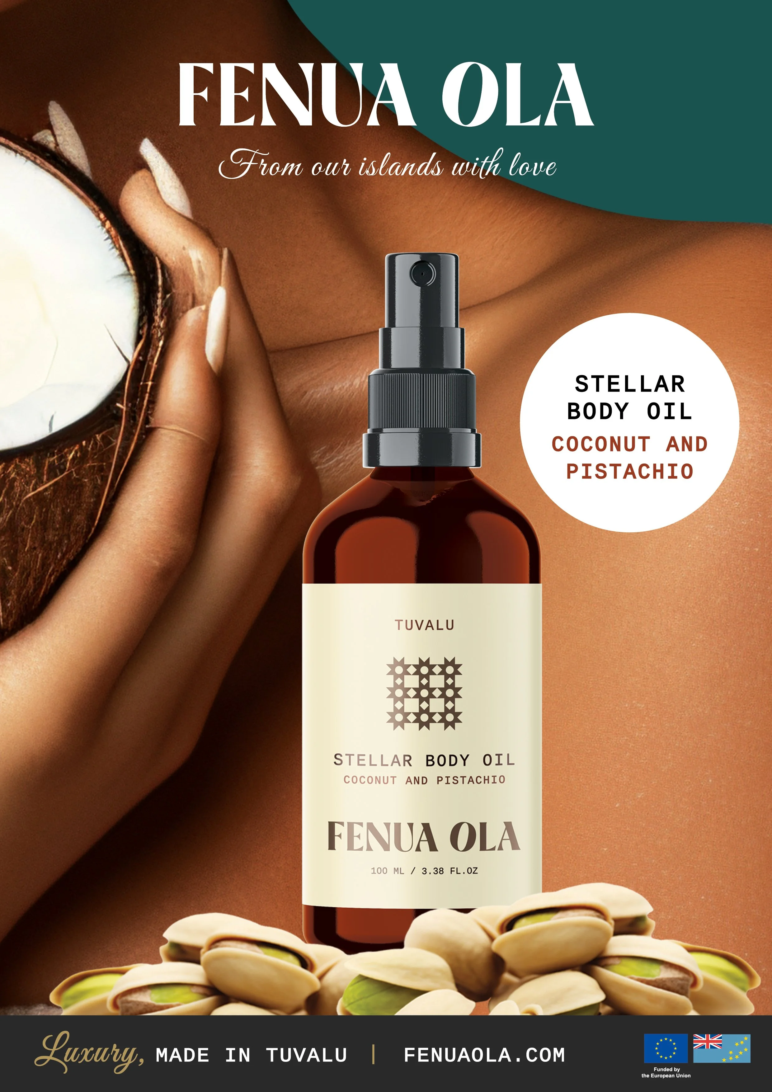 Brand creation, label and marketing material design for Fenua Ola, Tuvalu's first national skincare brand. Client: Government of Tuvalu.