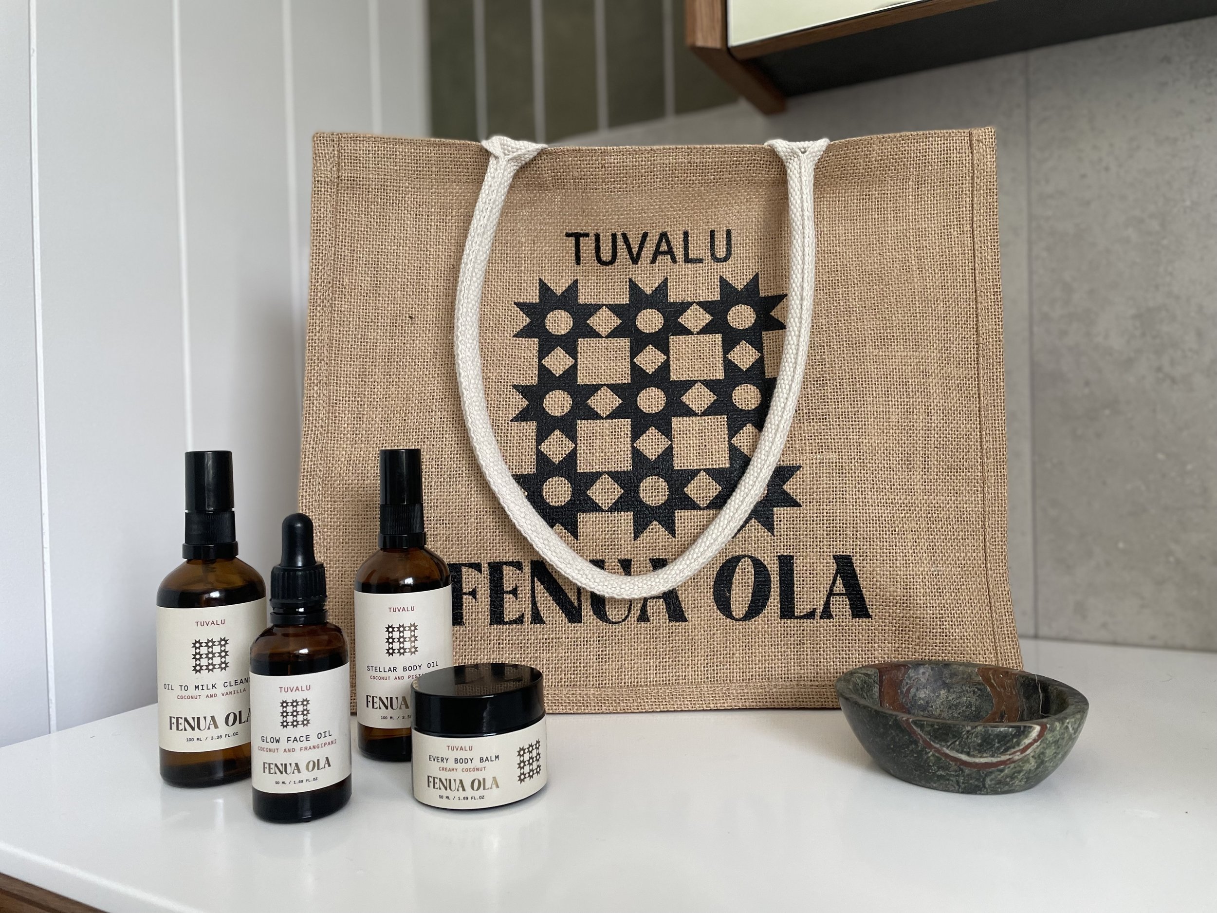Brand creation, label and marketing material design for Fenua Ola, Tuvalu's first national skincare brand. Client: Government of Tuvalu.