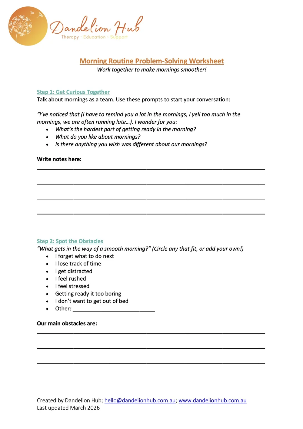 Example Activity Motivation Solving Routine Problems Dandelion Hub Executive Function Resources — Executive function therapy ...