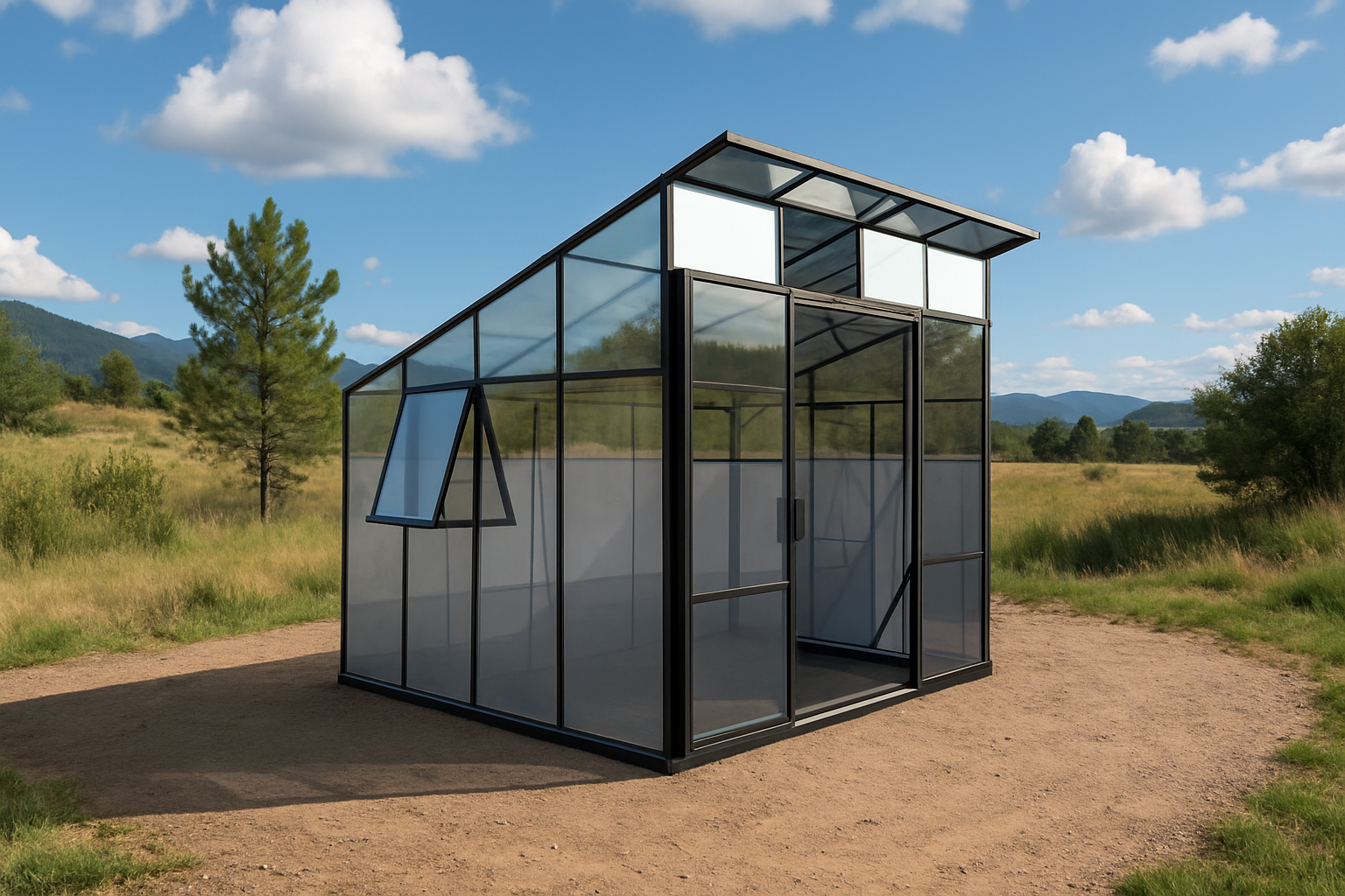 Rendering 3D fotorealistico di una moderna serra in vetro immersa nella natura.