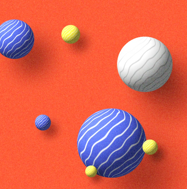 Animazione 3D astratta con sfere ondulate blu, bianche e gialle su sfondo arancione.