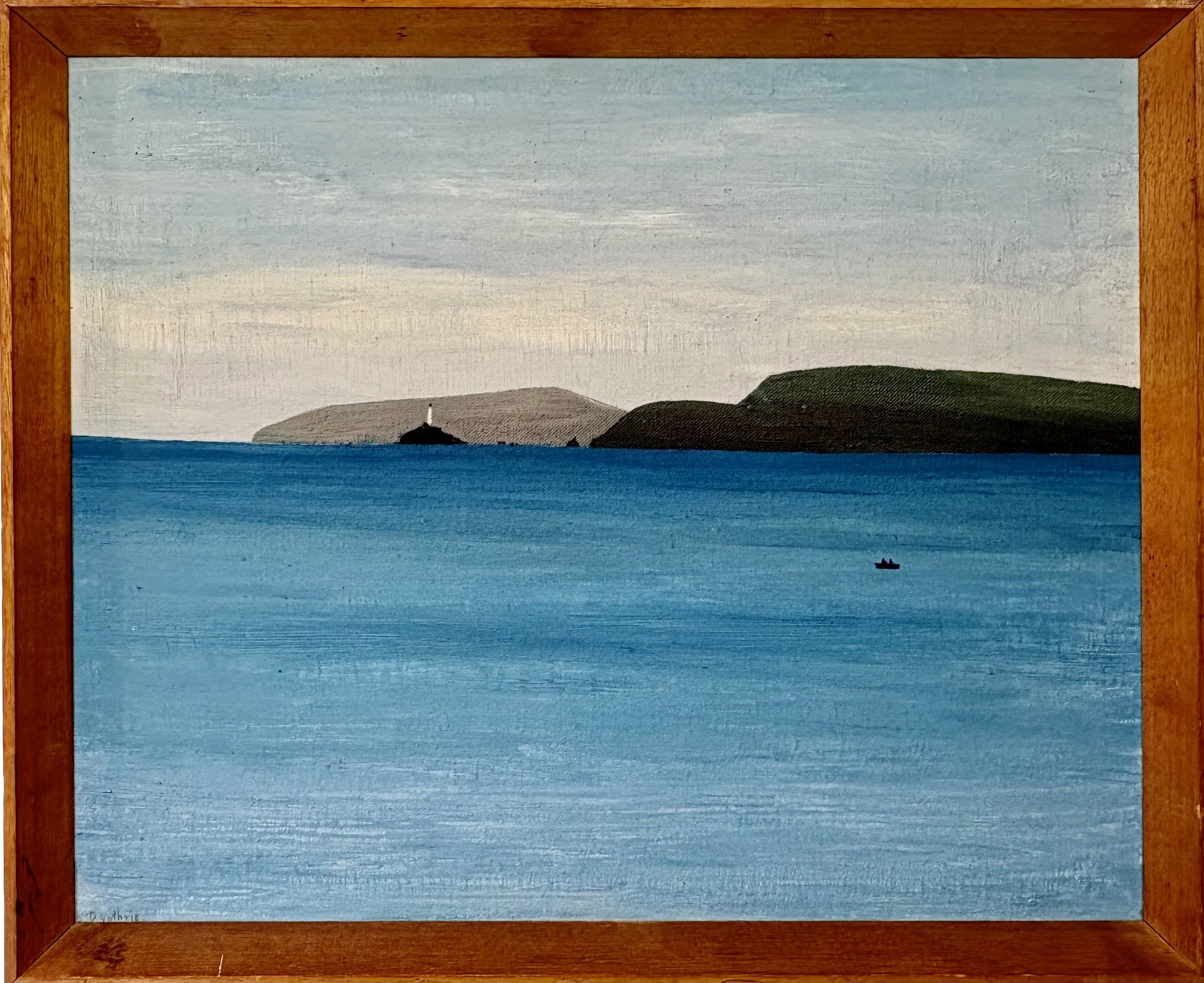 1961 Painting by Derek Guthrie oil on board of Godrevy lighthouse with boat £550