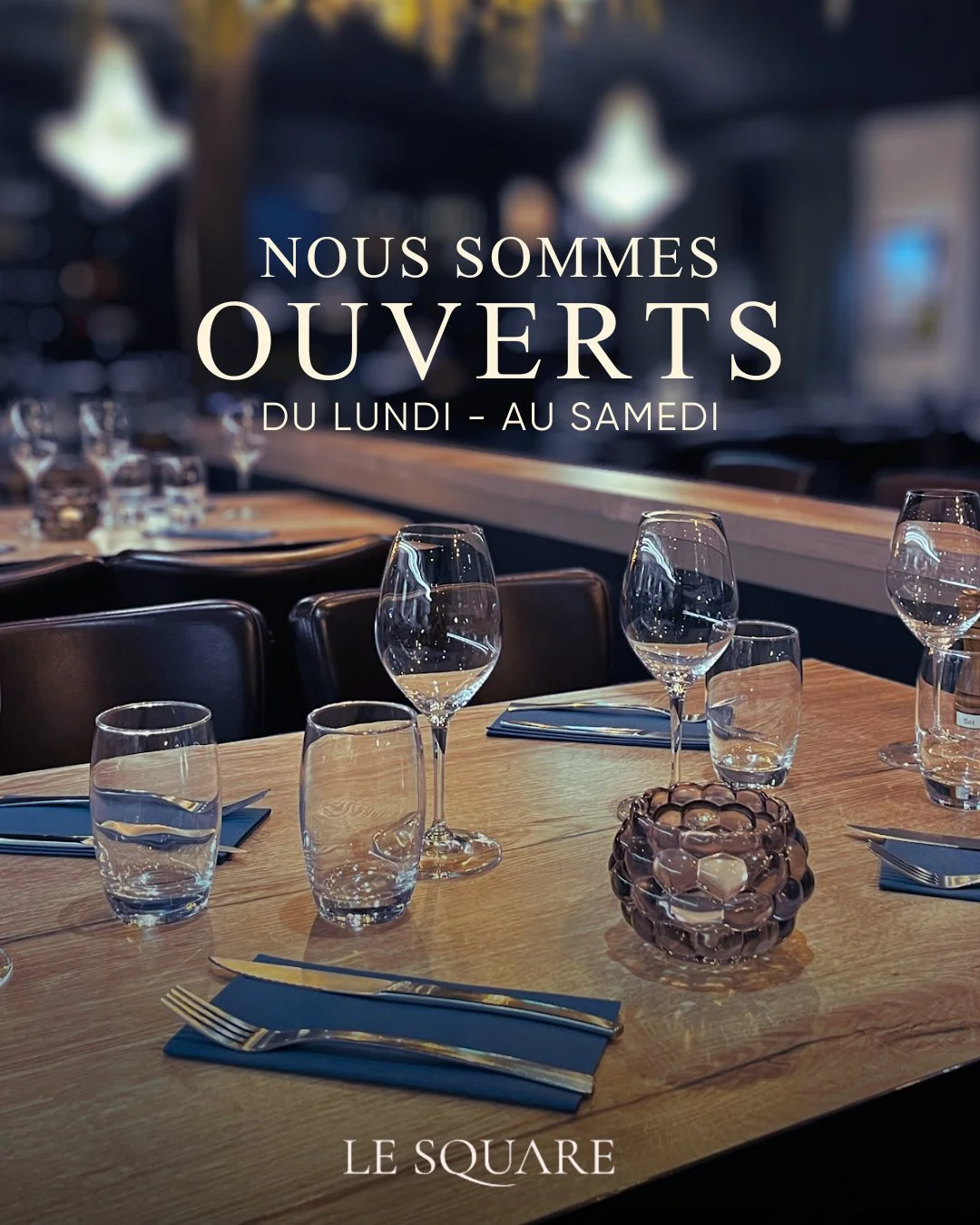 Le Square vous ouvre ses portes du lundi au samedi pour vos d&eacute;jeuners, d&icirc;ners et moments de convivialit&eacute;. 🍽

🕛 Horaires
Du lundi au jeudi
12h30 &ndash; 14h30 &amp; 18h30 &ndash; 23h
Du vendredi au samedi
12h30 &ndash; 14h3