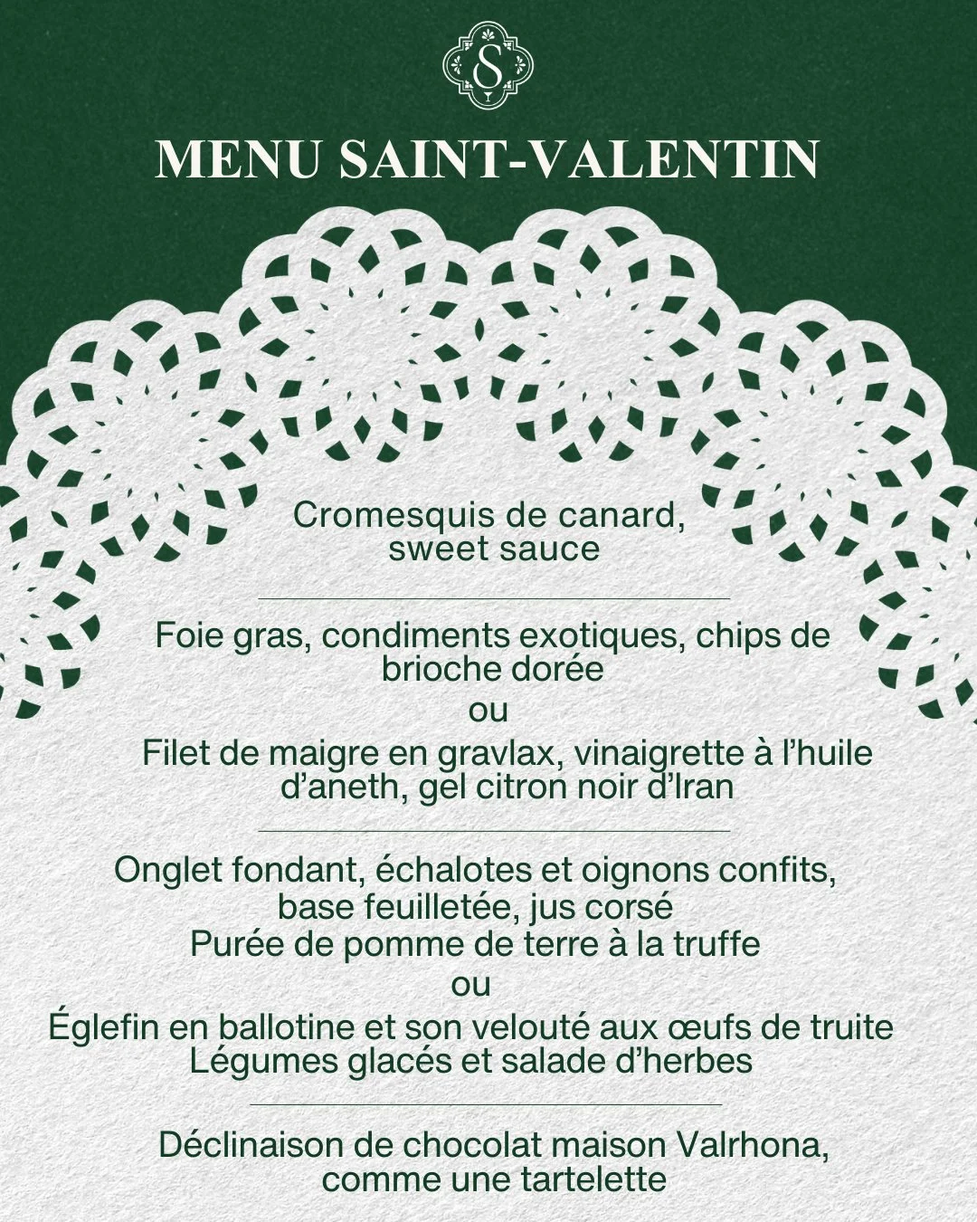✨ Menu de la Saint-Valentin ✨
Pour c&eacute;l&eacute;brer l&rsquo;amour, le Square vous a concoct&eacute; un menu gourmand et raffin&eacute;, pens&eacute; pour &eacute;veiller vos sens et sublimer votre soir&eacute;e &agrave; deux.

Des saveurs d&