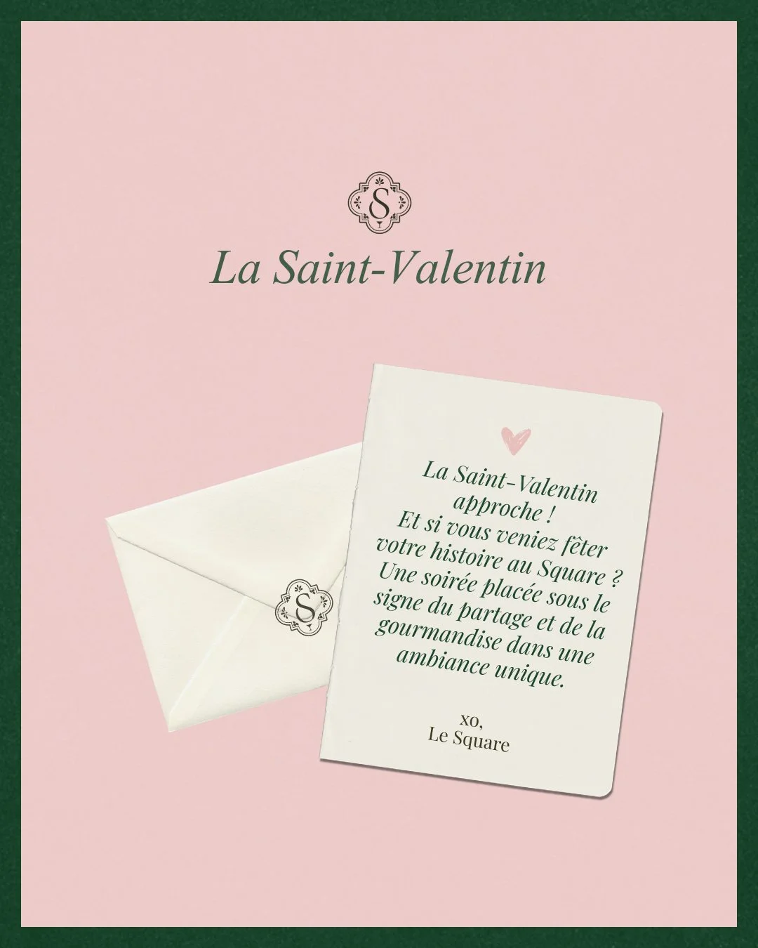 La Saint-Valentin approche. ❤

Venez f&ecirc;ter votre histoire au Square. 
Nous avons pr&eacute;vu une ambiance chaleureuse et un menu gourmand. 

📅 N&rsquo;attendez plus, r&eacute;servez votre table d&egrave;s aujourd&rsquo;hui !

#SaintVal