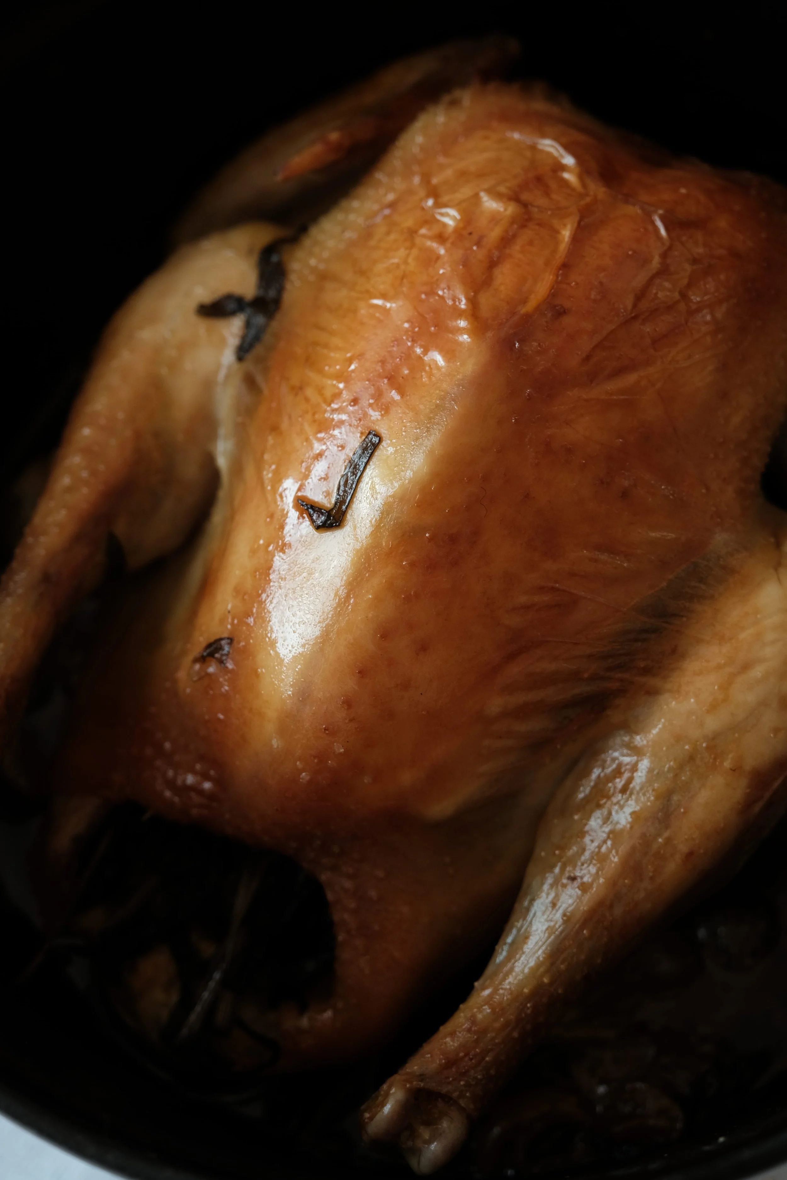 Poulet fermier rôti à l'estragon avec une peau dorée et croustillante, après une cuisson lente en cocotte en fonte